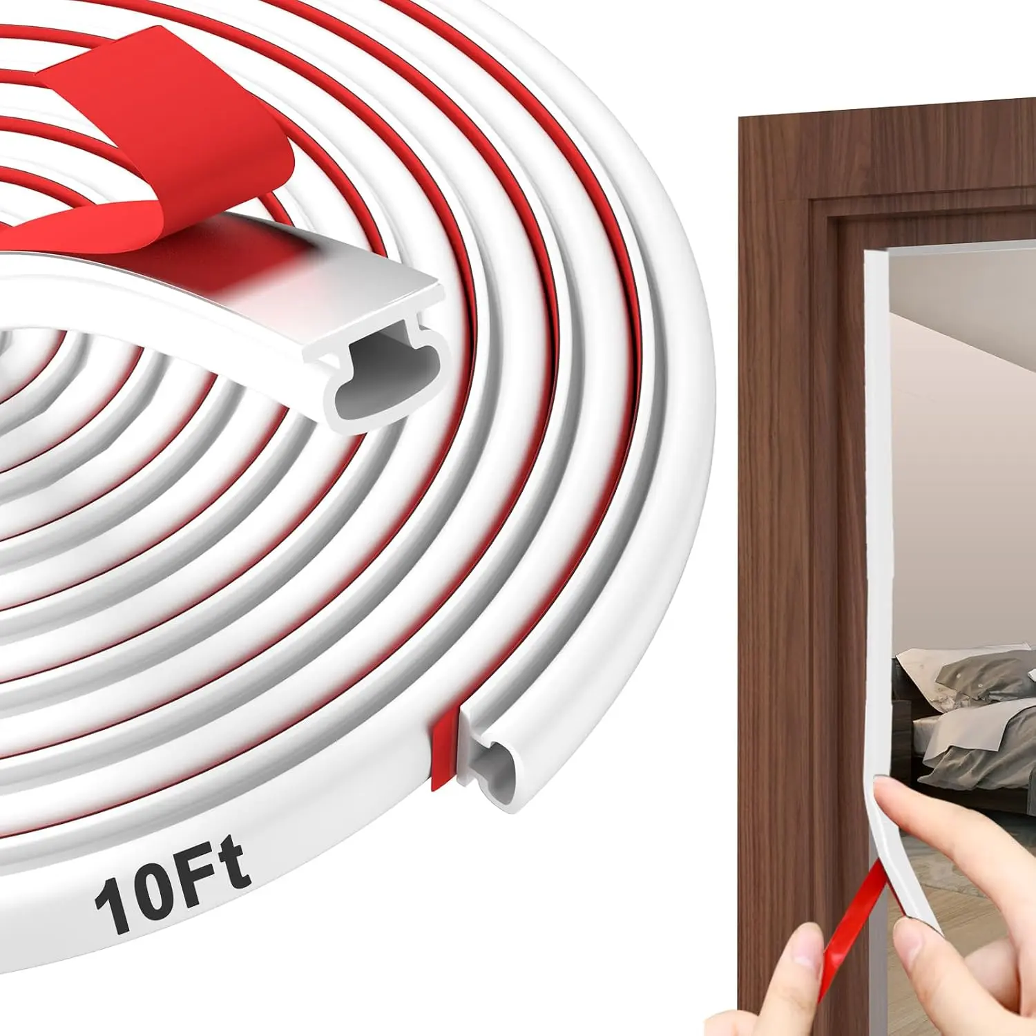 Weather Stripping Door Seal - 10 Ft Self-Adhesive TPE Rubber Door Seal Strip for Door Frame/Window Seal, Soundproofing & Insulation Strip to Block Drafts, Wind, Noise, Dust (White)