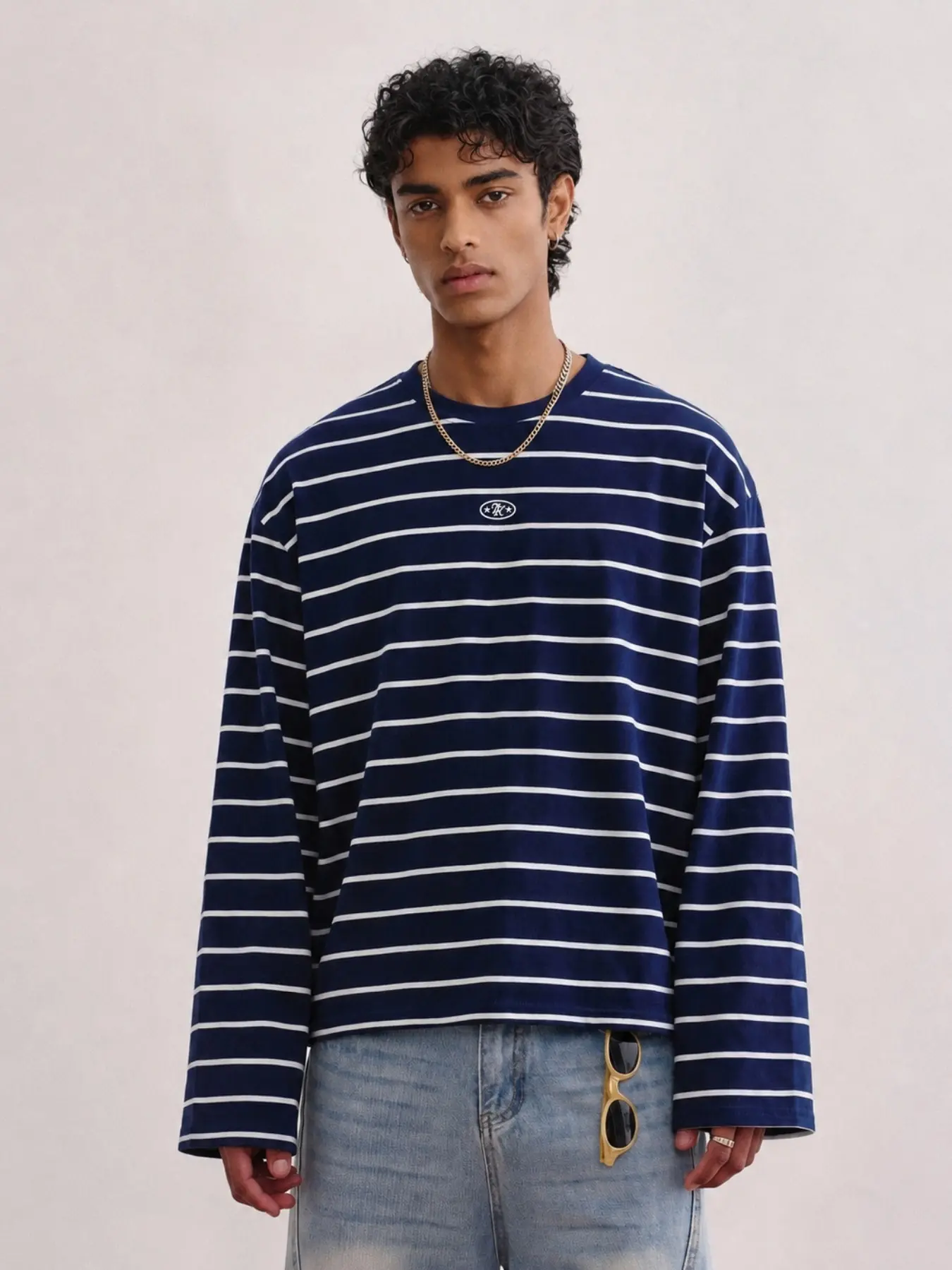 Cleanfit Blue Horizontal Striped Cropped Long Sleeve T-Shirt, American Vintage Navy Style Loose Drop Shoulder Top, Street Matching Couple Outfit, Cropped Crew Neck Long Sleeve Tee, Unisex Top for Daily Commute & Party, Holiday & Birthday Gift