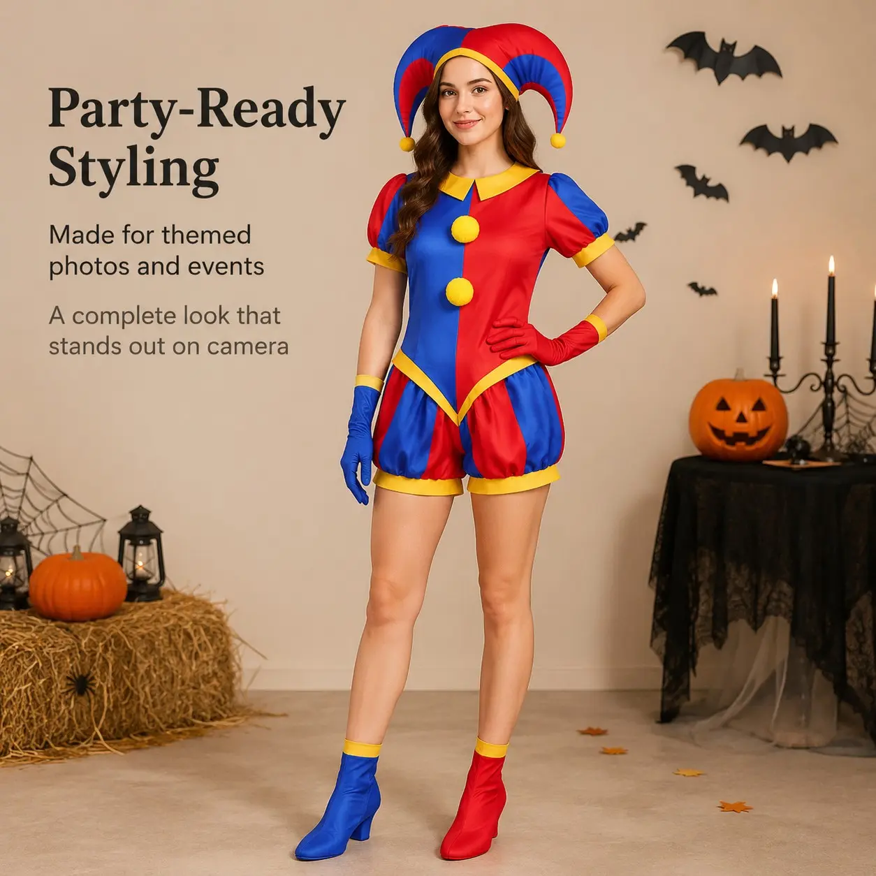 Women's Mom-Daughter Matching Jester Costumes & Accessories Set, Halloween Carnival Family Cosplay Clothes, Short-Sleeve Polyester Patchwork Jumpsuit with Comfortable Hat, Gloves & Shoe Covers (Adult & Girl Sizes)