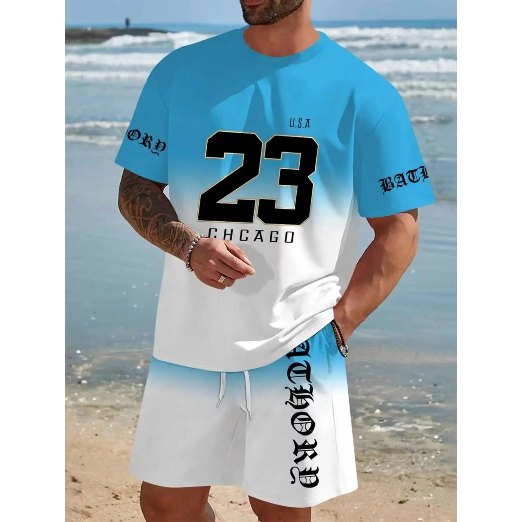 Men's 3D Digital Print Gradient Short Sleeve Tee Set, Menswear Casual Fitted Crop Top and Drop Waist Track Shorts, Geometric Pattern, H-Type Silhouette, Clothes