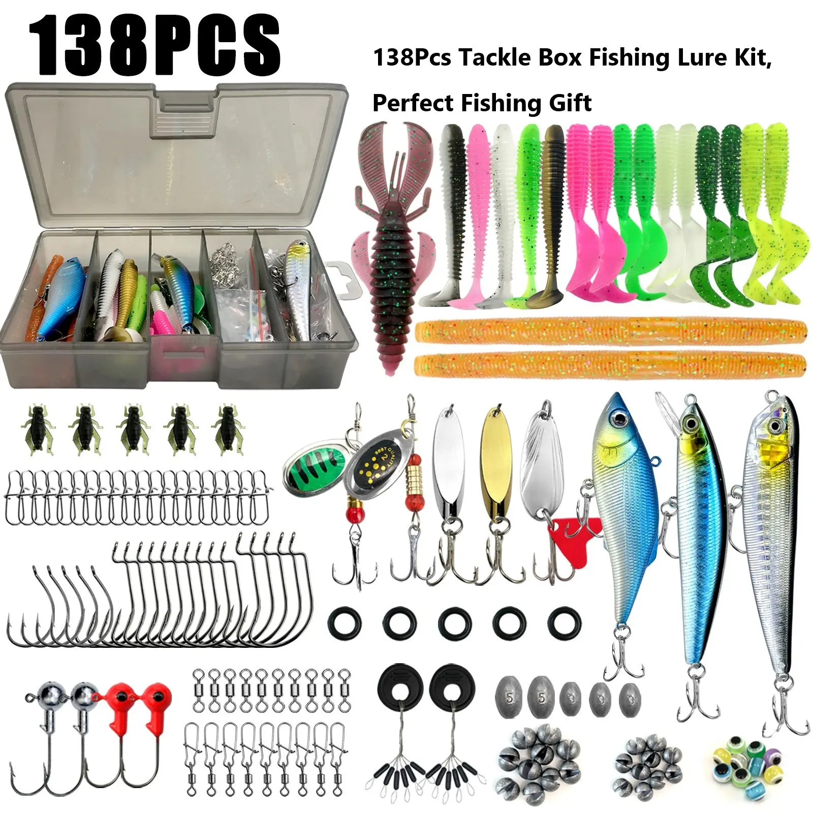 138pcs Fishing Lure Tackle Box with Tackle, Includes Crankbaits, Spoon, Hooks, Weights, Fishing Bait Lure Gear Kit, Fishing Lure Set, Perfect Gift