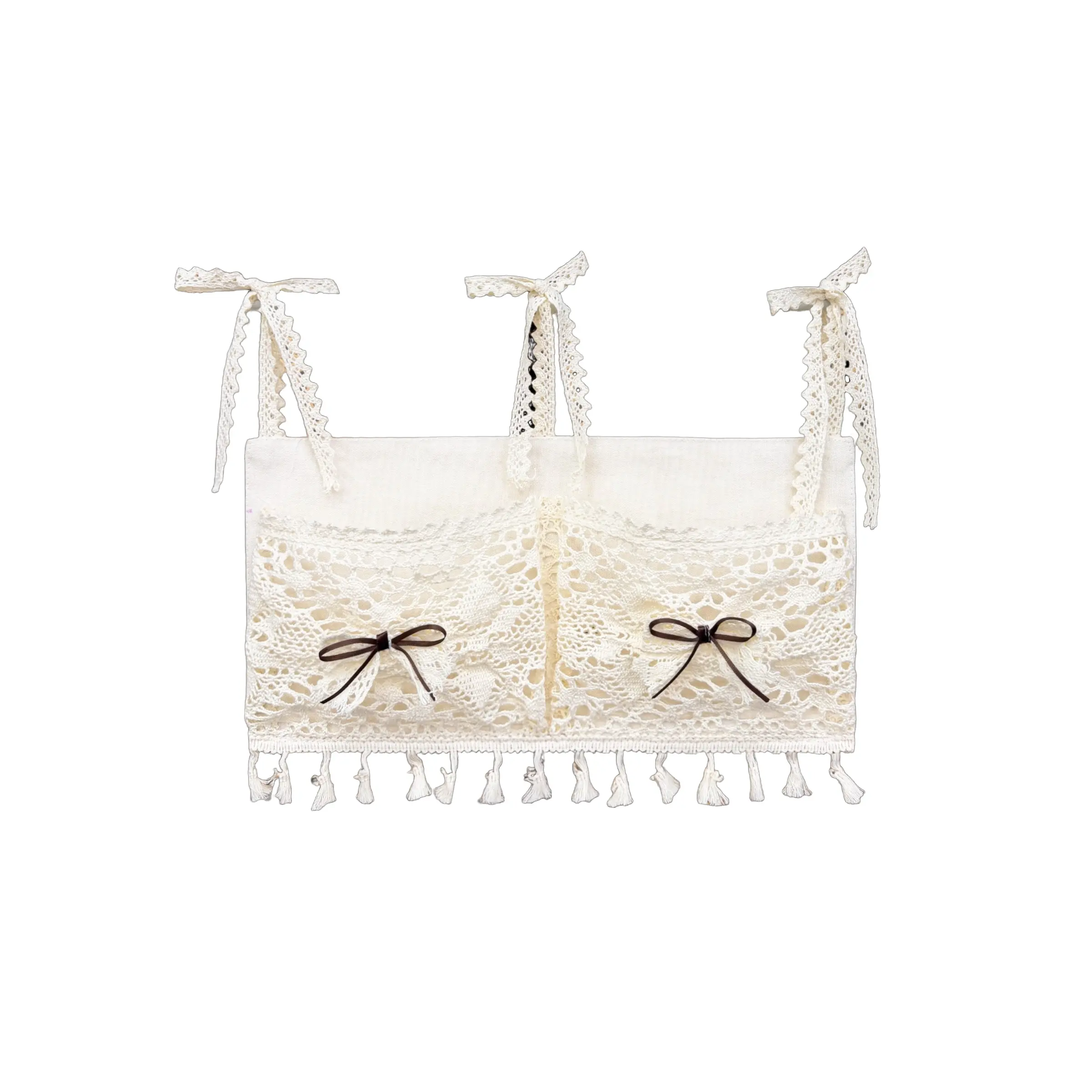 1pc Cream Lace Hanging Storage Organizer, Hanging Organizer with Pockets, Crochet Tassel Wall Hanging Bag with Brown Bow Decor, Vintage Farmhouse Fabric Pocket for Bedroom Closet Door Decor