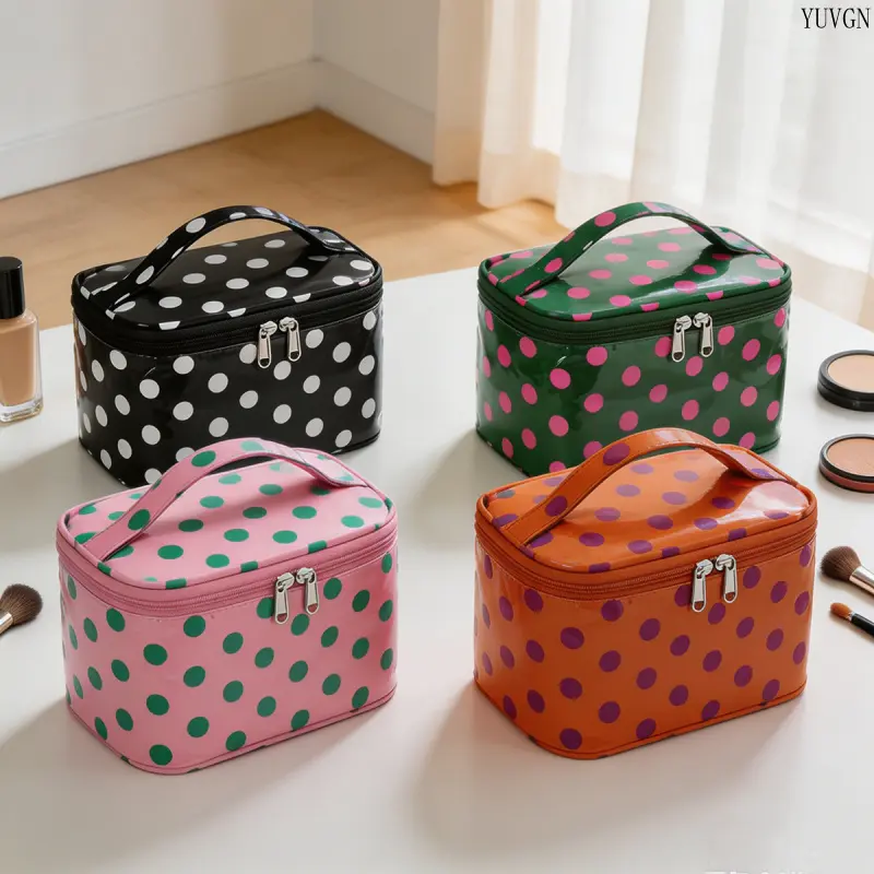 Glossy Polka Dot Makeup and Toiletry Train Case, Large Capacity Waterproof Organizer with Top Handle and Zipper for Travel
