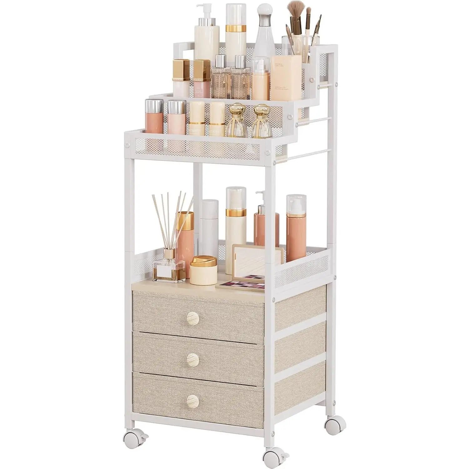 Bathroom Stand, Makeup Organizer Storage with Drawers, 13 Inch Large Floor Rolling Skincare Organizer Cart, 3-Tier Vanity Tray Stand for Cosmetics, Nail Polish, Perfume Display Cases Holder
