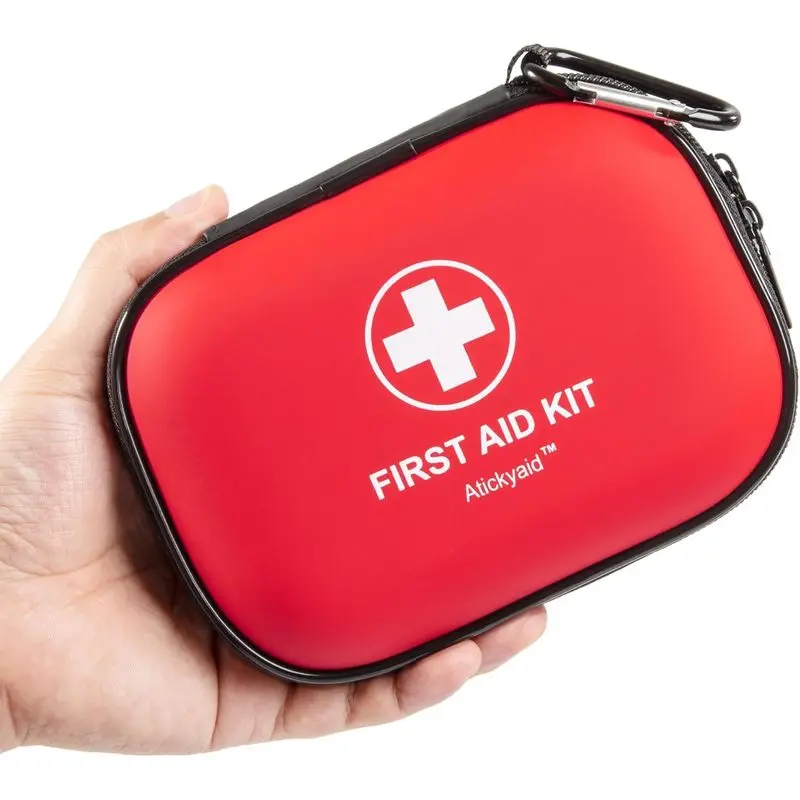120-Piece Compact Shape Outdoor Sports Mini First Aid Kit - Waterproof Shell Hard Case with Emergency School Kit Supplies for Hiking Camping, Outdoor Travel (Red)