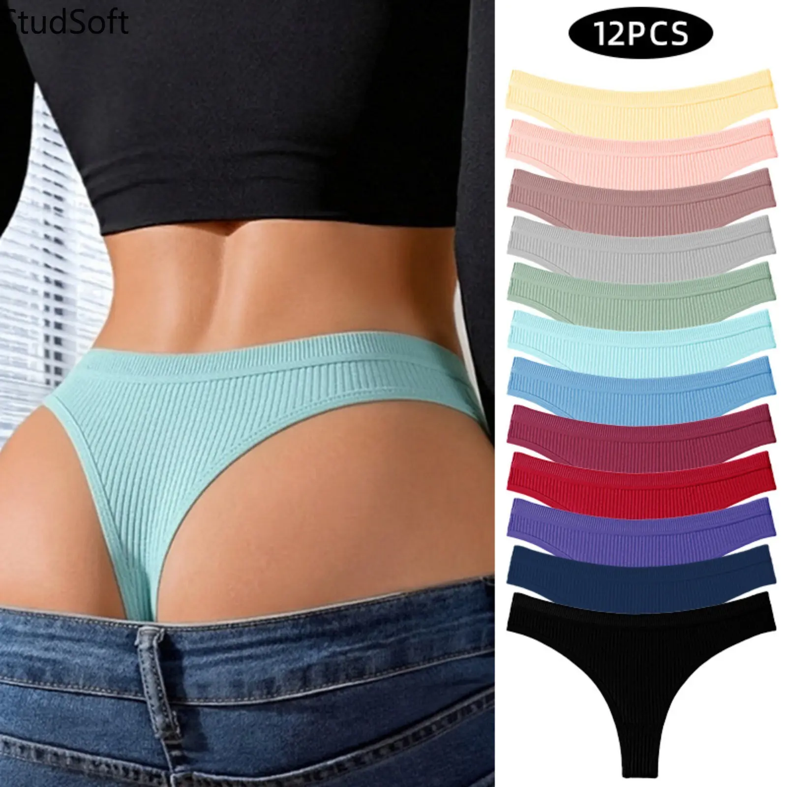 12-Pack Ribbed Thongs Women Breathable Cotton Underwear Soft Cheeky Bikini Panties Sport Low Rise T-Back Briefs for Ladies Multi Color