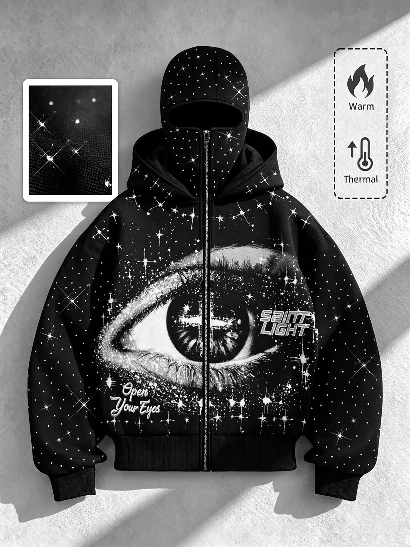 High Street Casual Full Rhinestone Star Eye Print Balaclava Hoodie, Fr Hoodie, Pattern Print Hoodie, Unisex Long Sleeve Loose-Fit Sweatshirt, Fall & Winter Warm Thermal Outerwear