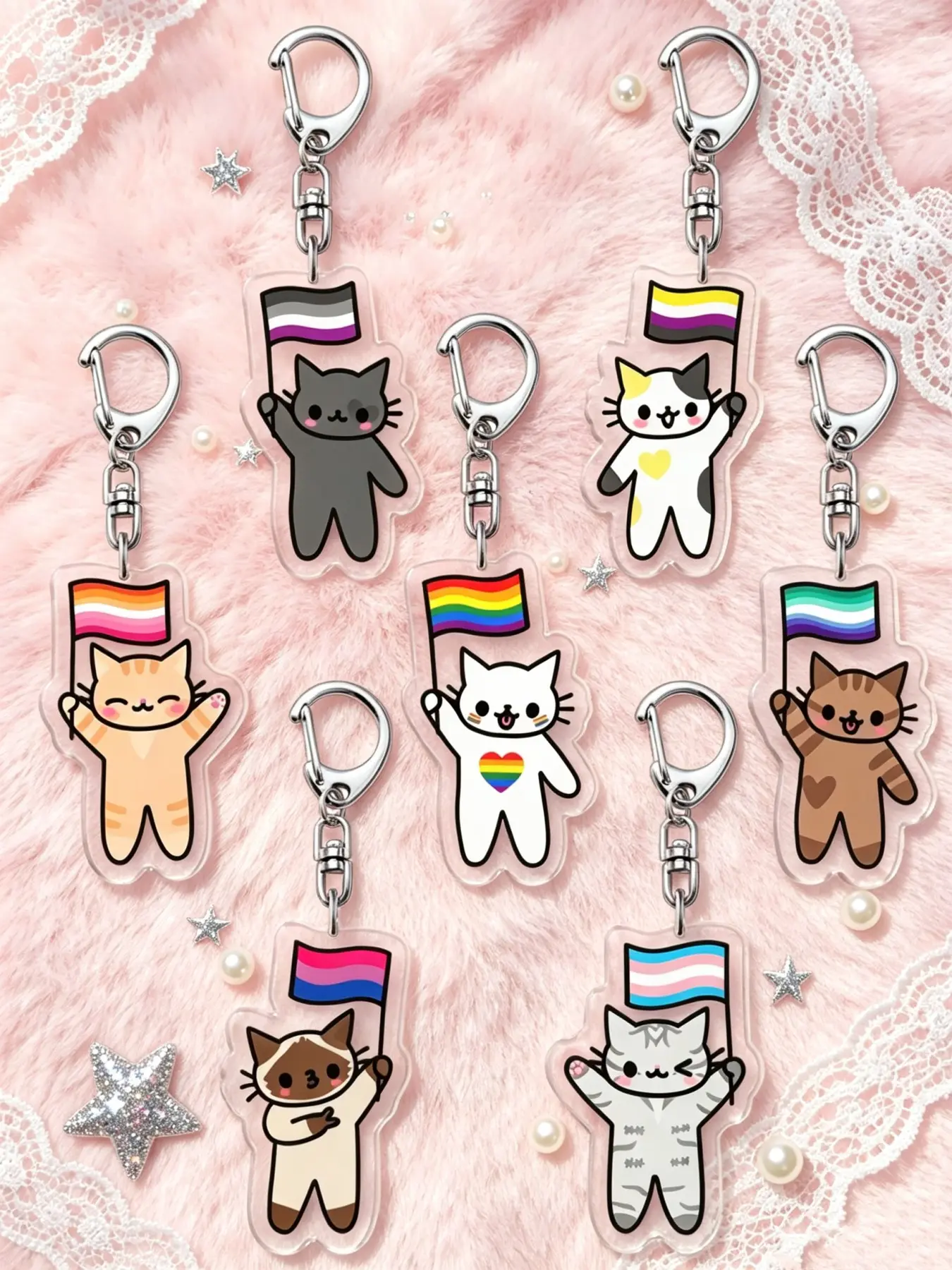 Rainbow Pride Cat Acrylic Keychain, Cute Cartoon Designs, Lgbtq+ Pride Gifts, All-Season Accessory, Soft and Adorable Style