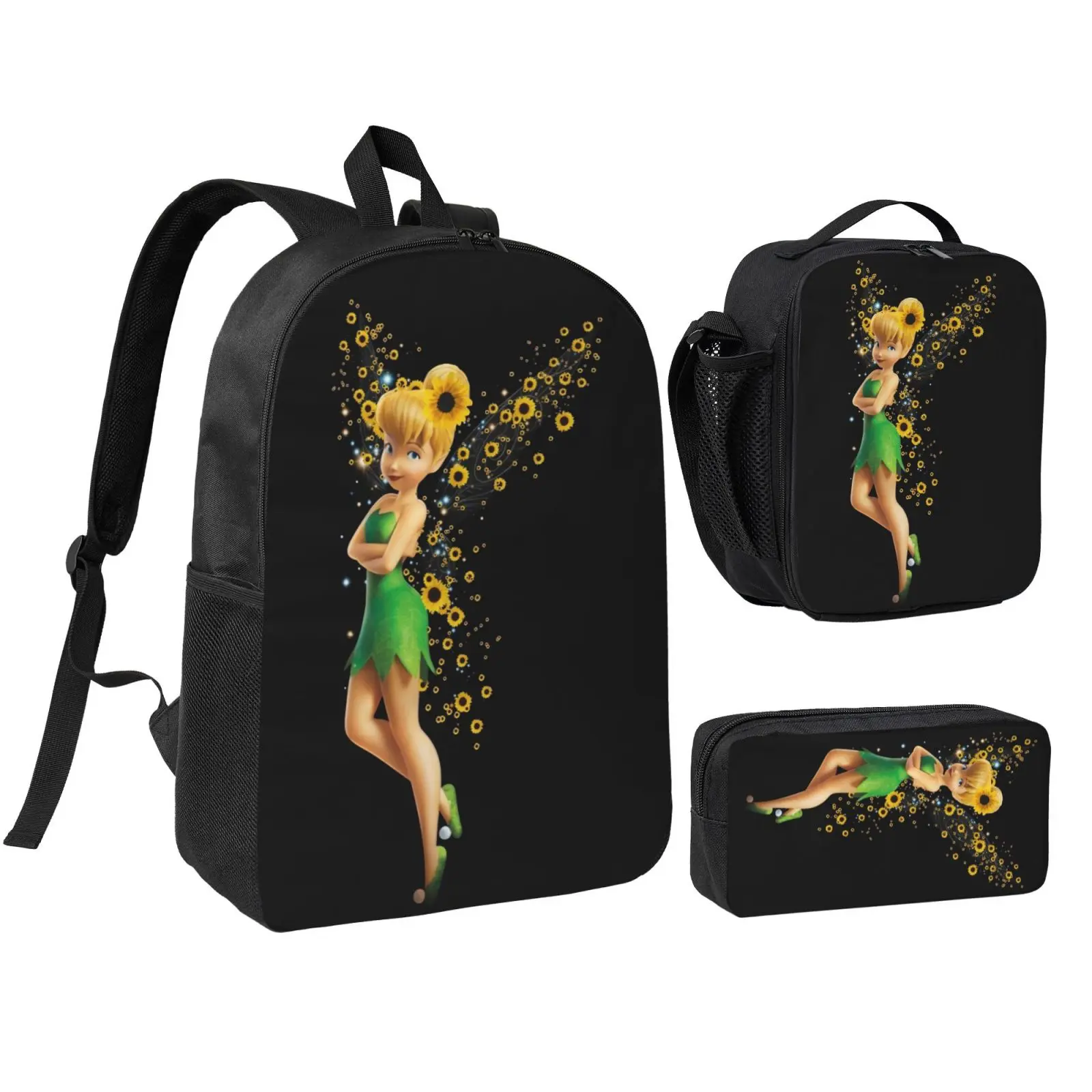 Unisex Tinkerbell 3Pcs Anime Backpack Set for Teen Boys Girls, Adjustable Strap School Bookbag with Insulated Lunch Bag & Pencil Case, Lightweight Daypack for School Travel Office