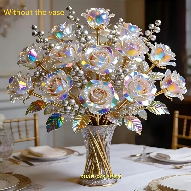 25pcs Artificial Crystal Preserved Roses with Silver Color Berry Branches, Elegant Home Decor, Decorative Flowers, Wedding Gift, Mother's Day Decoration