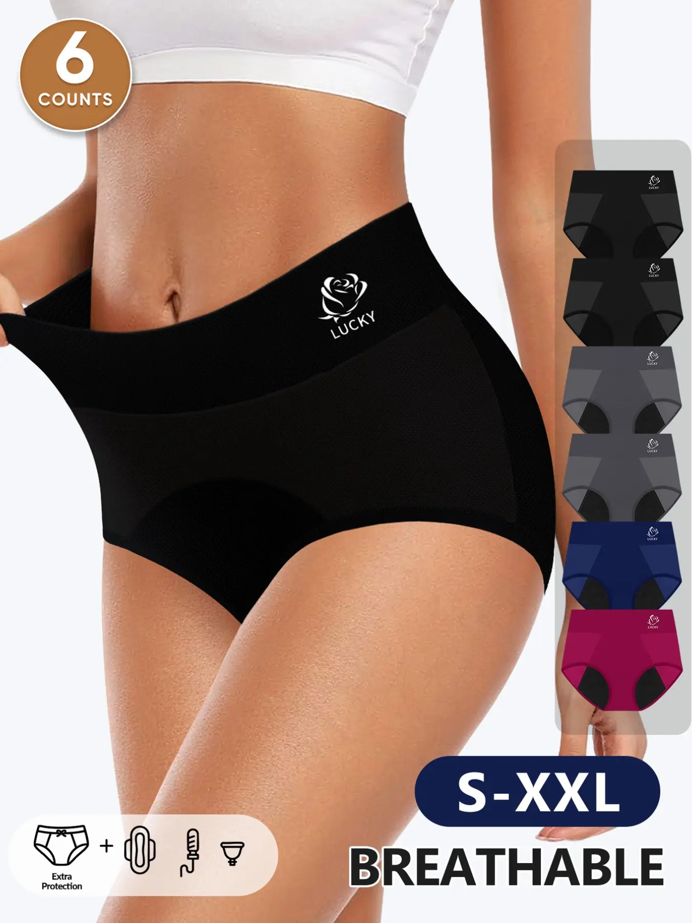 6-Pack Leak-Proof Period Underwear, Multi-Color High Elasticity Triangle Briefs Panties, S-Xxl, Breathable Anti-Side Leakage Women's Bottoms