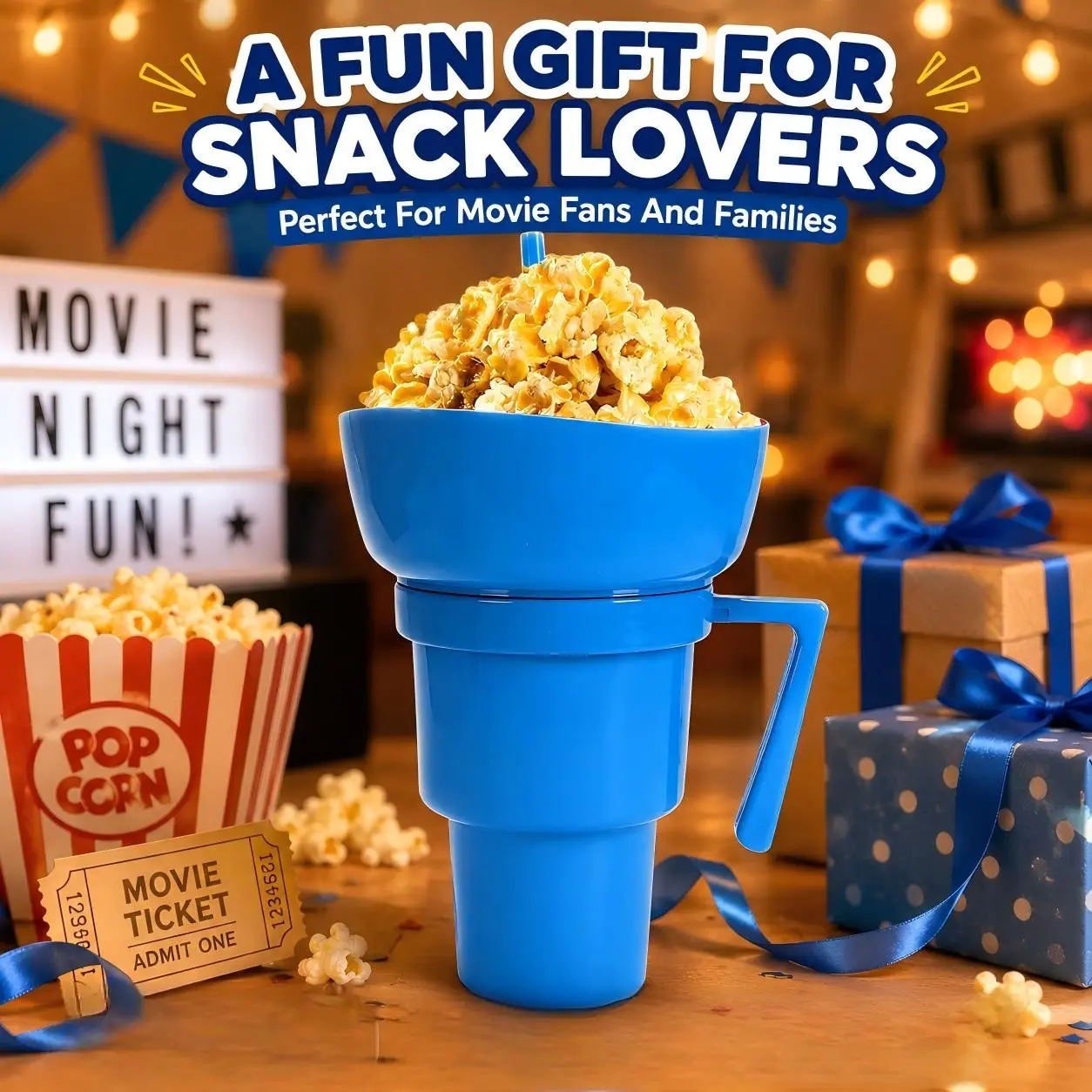 Snack and Drink Cup Combo Cup, 32 Oz Bowl and Drink Cups Combo, 2 in 1 Drin-k Cups with Snack Bowl on Topwith a Spill-Proof Lid, Stadium Tumbler with Snack Bowl with Straw Travel Snack