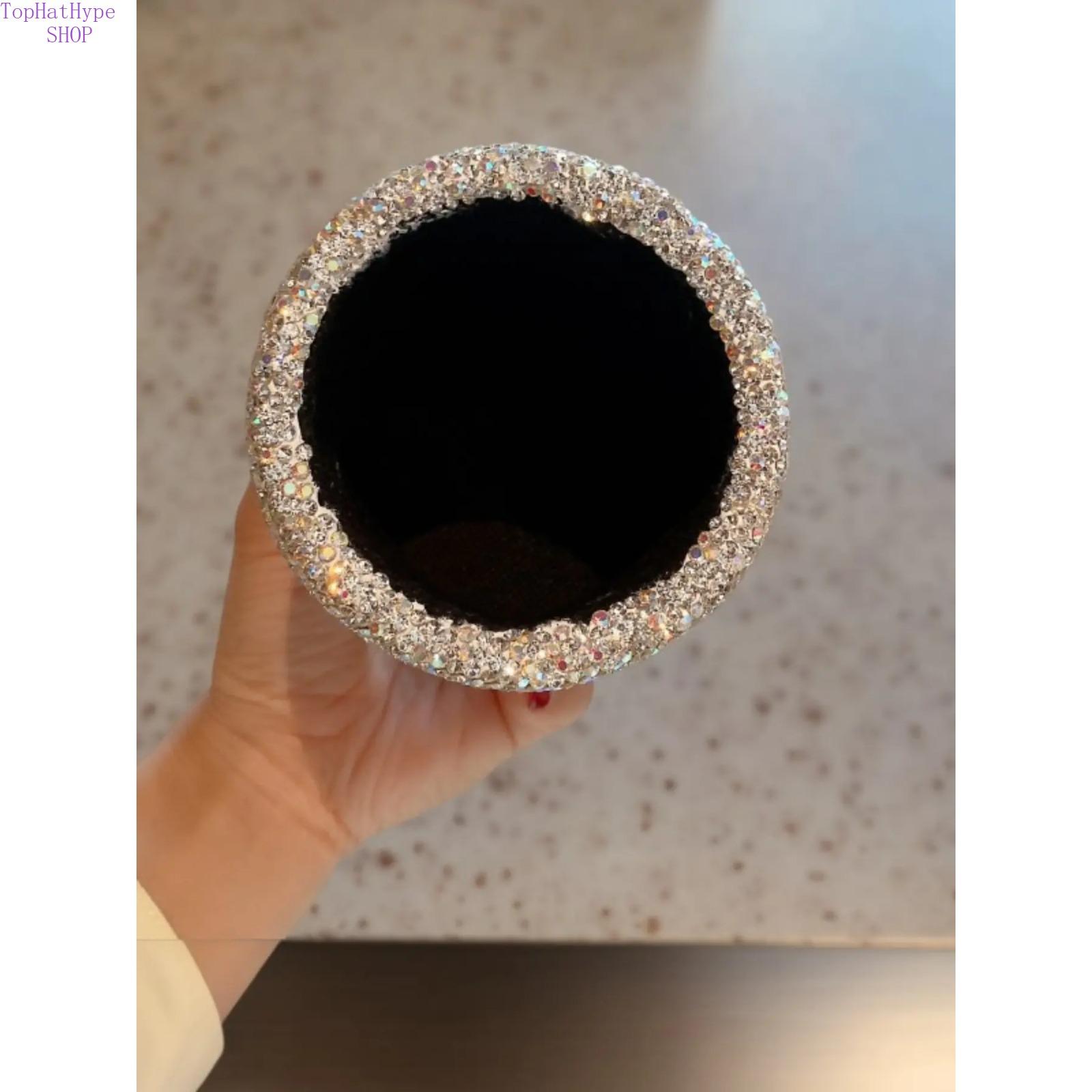 Luxury Round Rhinestone Storage Bucket, Bling Desktop Pen Holder for Office, Exquisite Sparkly Makeup Brush Organizer, Elegant Decorative Desk Accessory for Home, Office and Vanity