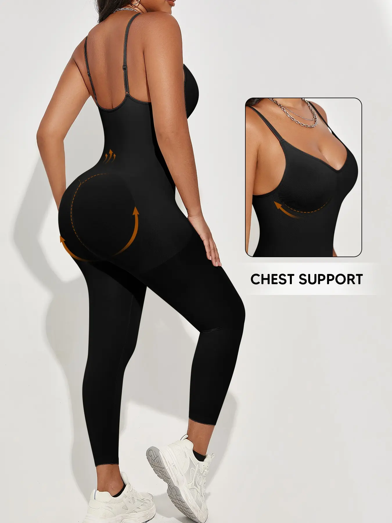 Women Adjustable Spaghetti Strap Shapewear Bodysuit, Waist Cinching Butt Lifting Slimming Effect, Sleeveless Long Pants Design, Casual Daily Wear
