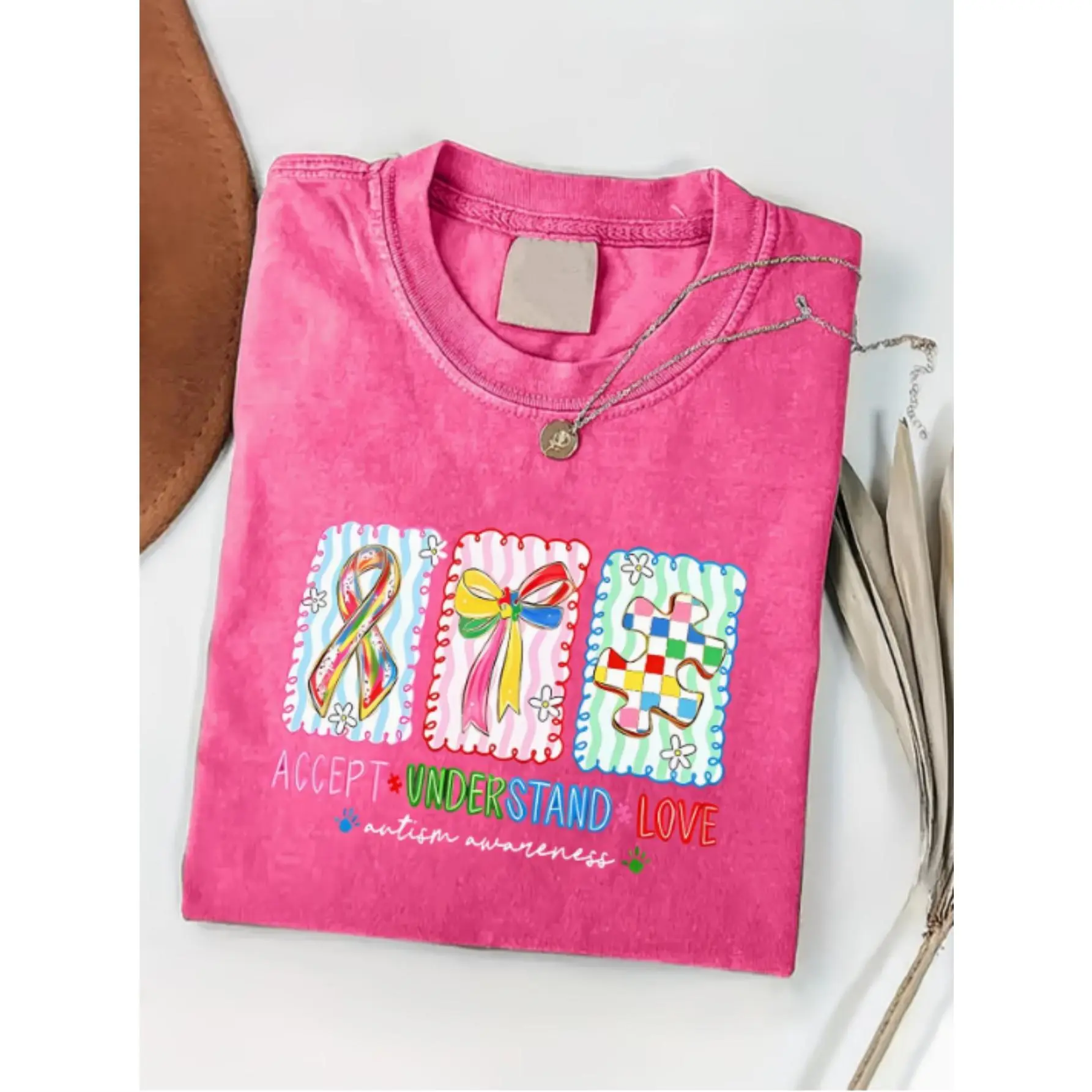 Trendy Autism Acceptance Shirt, Women'S Washed Short Sleeve Top, Accept Understand Love Autism Awareness Graphic Tee, Casual Streetwear For Autism Advocates & Neurodiversity Supporters,Unisex Vintage Graphic T-Shirt