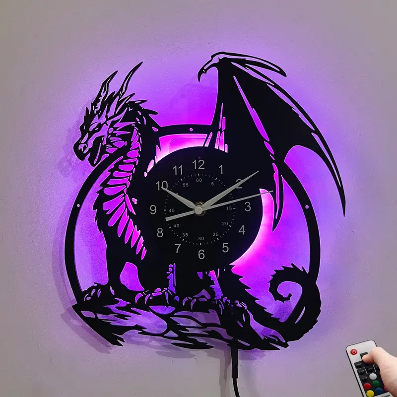 LED Vinyl Wall Clock Western Winged Dragon Silhouette Art Wall Watch Fantasy Medieval Themed Home Ornament Backlit LED Wall Decoration for Bedroom Game Room Unique Christmas Gift for Fantasy Dragon Lovers