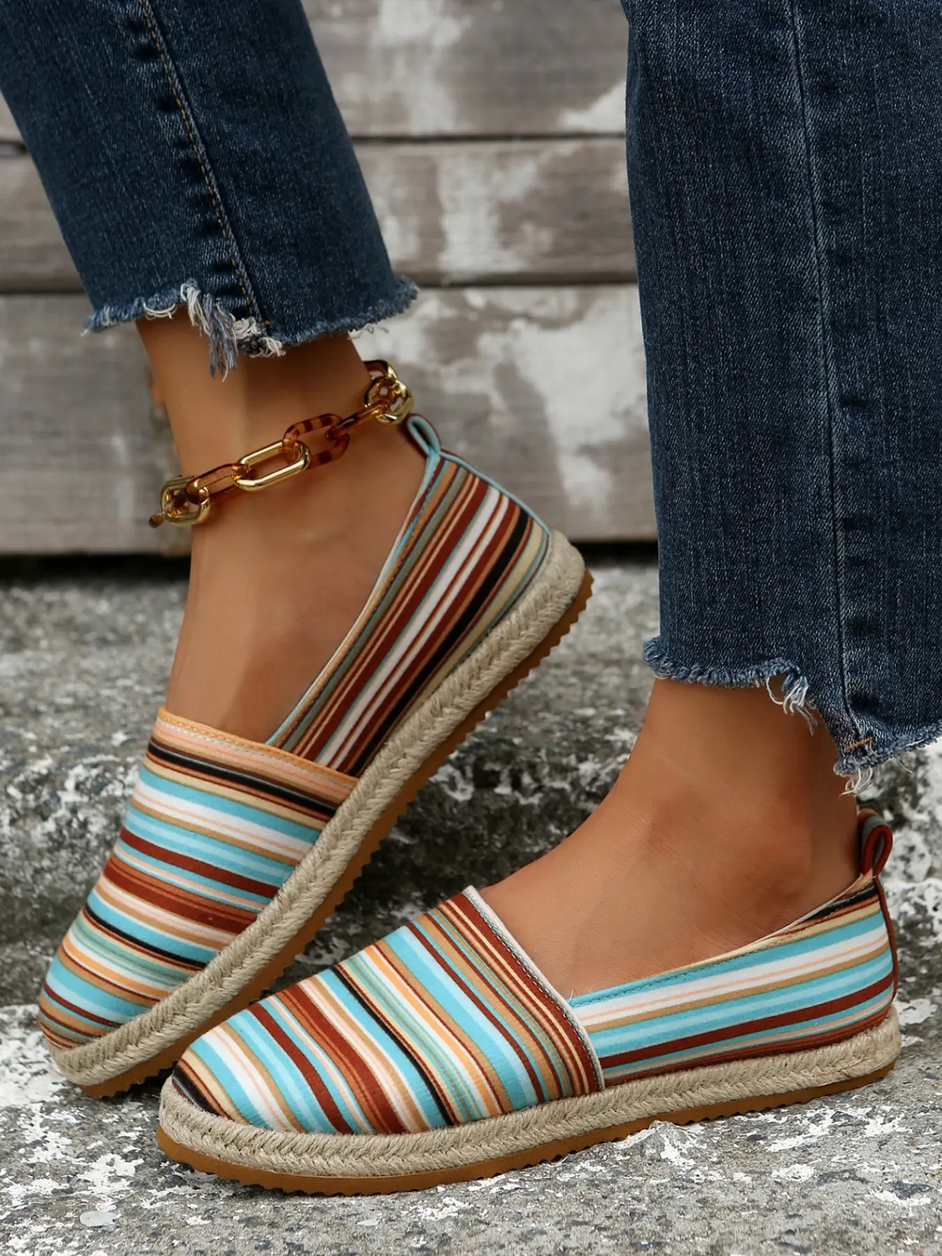 Vintage Multi Stripe Canvas Rubber Espadrille Flats, Women's Breathable Hemp Wrapped Slip on Loafers, Casual Spring & Fall Shoes