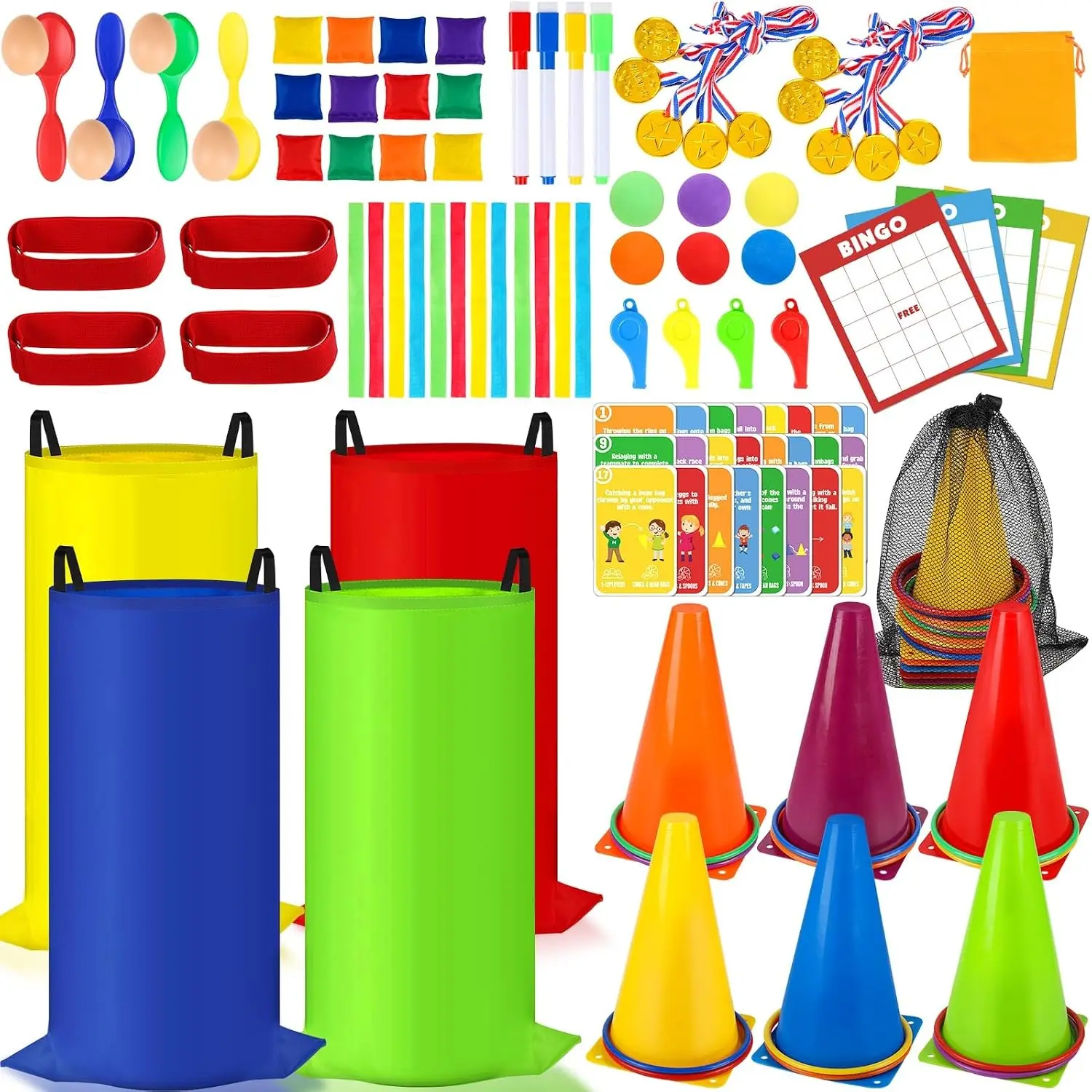 Colorful Potato Sack Race Bags 116-Pc Outdoor Games Carnival Set with Bean Bags, Ring Toss, Cones, Bingo Cards for Multiple Players, Family Birthday Party Lawn Activities