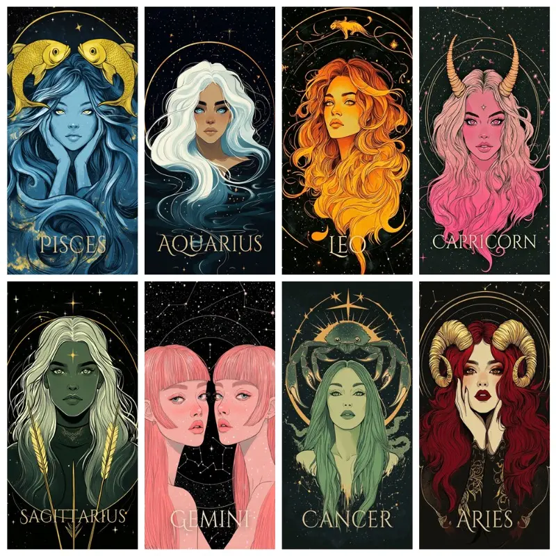 5D DIY Diamond Art Kit - Zodiac Sign Goddess Portrait, Astrology Starry Dark Sky Witchy Design, Acrylic Cross Stitch Craft for Teen Dark Boho Bedroom Decor & Birthday Gift, Diamond Art Kits