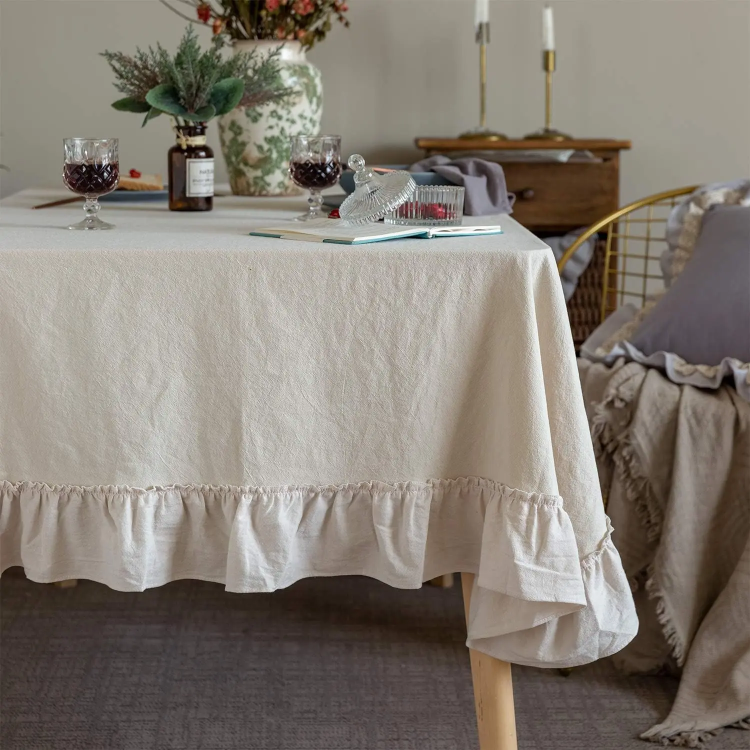 Retro Farmhouse Ruffle Tablecloth Cotton Flounces Trim Washable Table Cover Tablecloths for Rectangle Table Baby Shower Kitchen Party Wedding Decor, 52''x70''