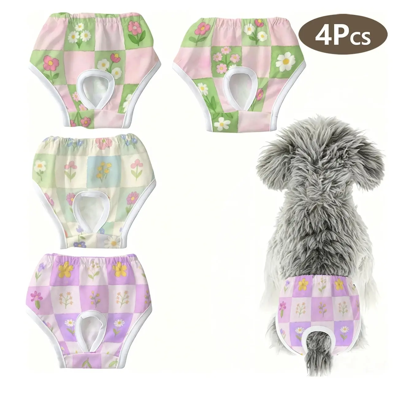 4-Pack Cute Pet Dog Cat Panties, Hand-Drawn Floral Print, Anti-Peck Underwear for Small Dogs and Cats, Ideal for Holidays, Home, Travel