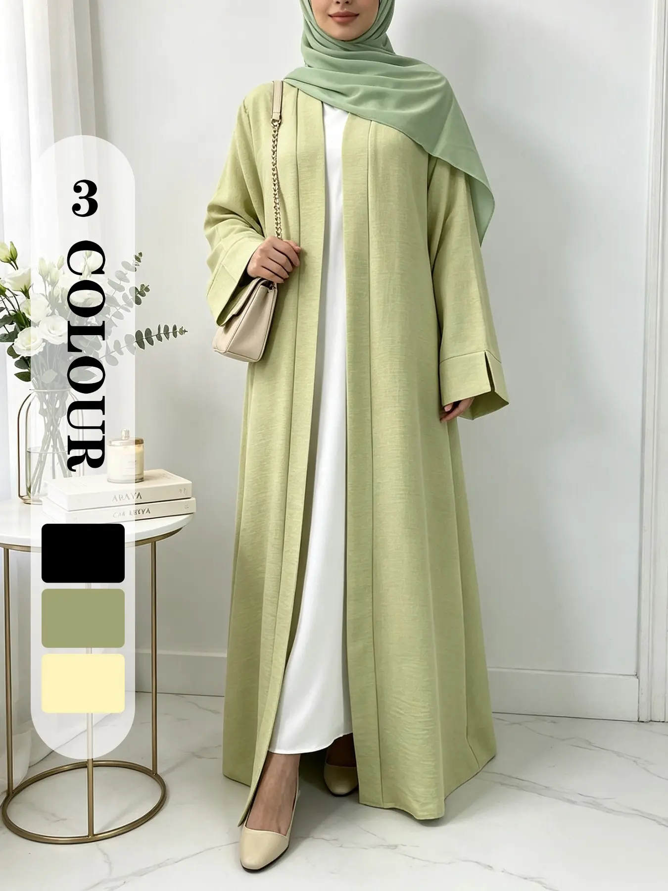 Bamboo Texture Abaya Open Front, Breathable Wide Sleeve Design, Pocket & Tie Waist, 3 Colors, 5 Sizes, Daily Wear, Prayer Dress#CrinkleAbaya #TexturedAbaya #OpenAbaya #HijabFashion #ModestFashion