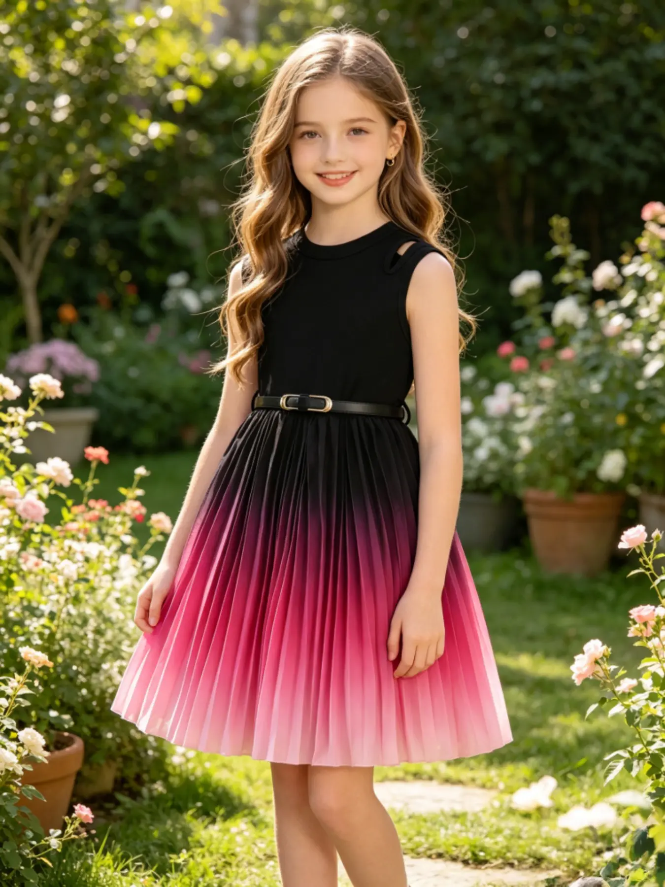 Girls' Gradient Pleated Dress 8-12 Years, Elegant Princess Skirt, Sleeveless Backless, Knee-Length, Belted, Dresses Summer, Perfect for Birthday and Parties, Princess Seraphina Dress