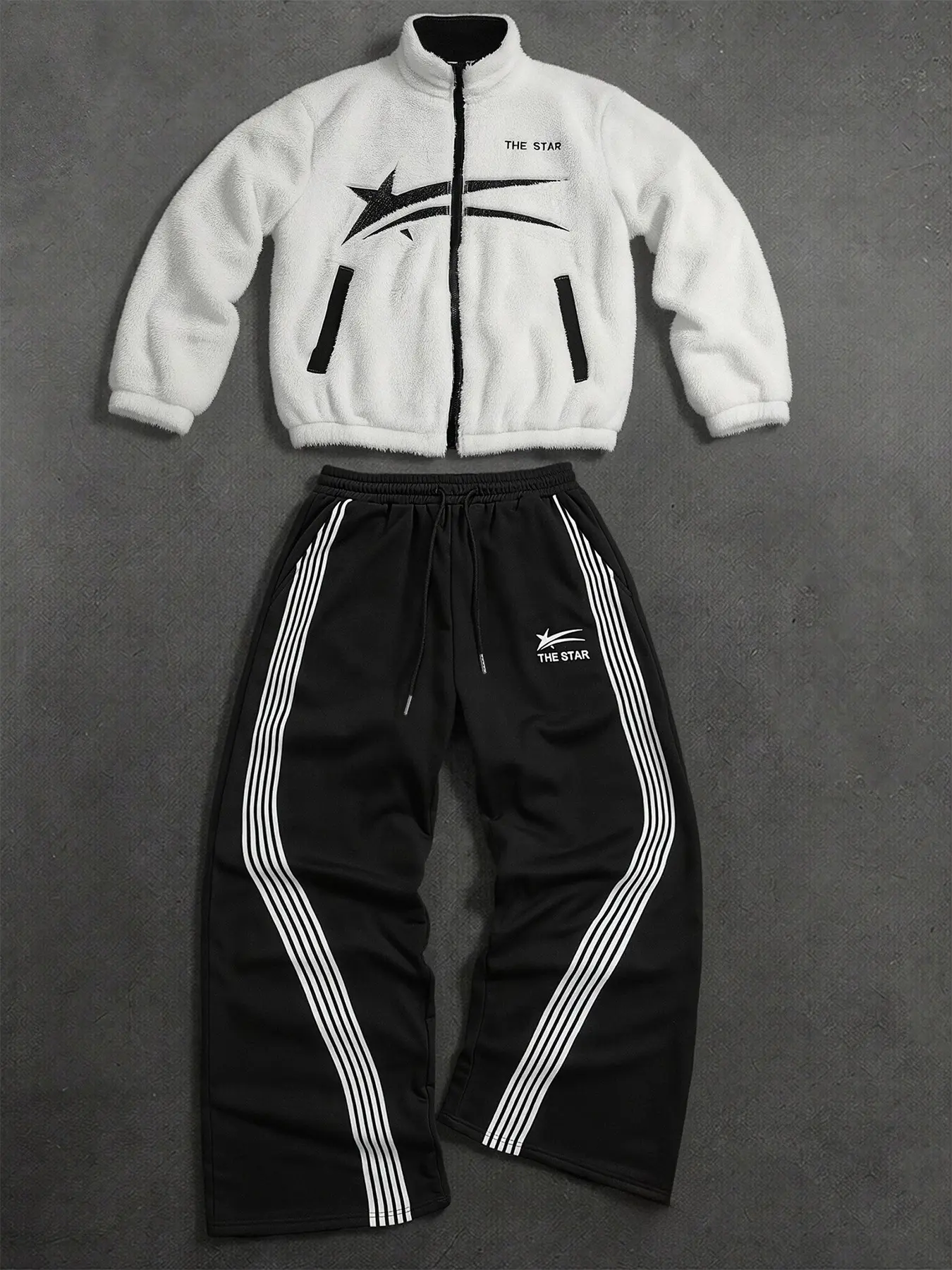 Men's 2 Piece Tracksuit Set, Athleisure Outfit, Star Print Sherpa Fleece Zip Jacket & Side Stripe Wide Leg Sweatpants Matching Outfit, Y2K Streetwear Loungewear, Soft Warm Jacket Fabric, Elastic Waist Wide Leg Pants With Triple Side Stripes