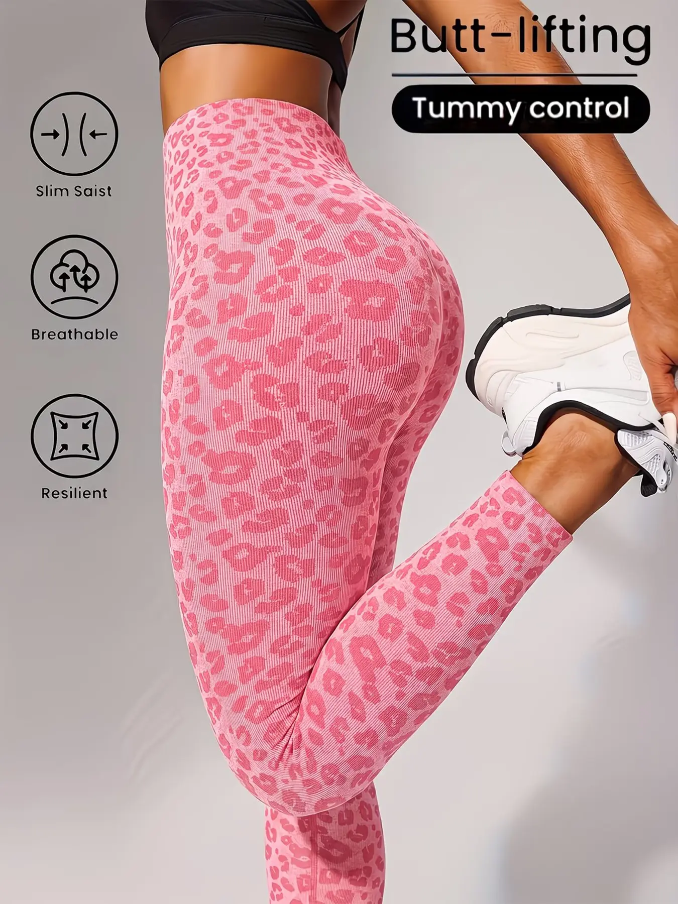 Women High Waist Ribbed Leopard Print Leggings Butt Lift Tummy Control Seamless Yoga Pants Non See Through Stretch Workout Fitness Gym Running Leggings High Waisted Sportswear High Waist Activewear