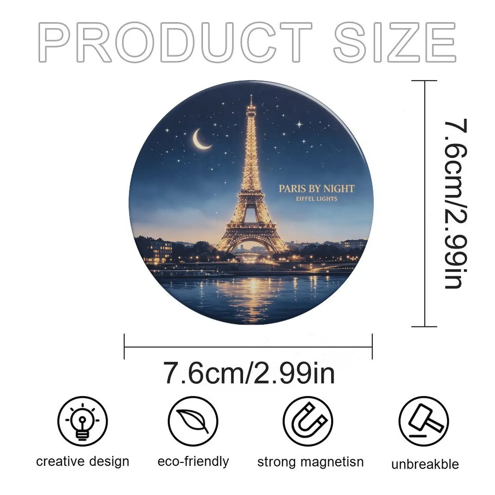 3 Inch Decorative Round Fridge Magnet, Paris By Night Eiffel Tower Glowing Lights Landscape Magnet, European City Scenery Ornament Gift for Travel Lovers Kitchen Cabinet Decoration