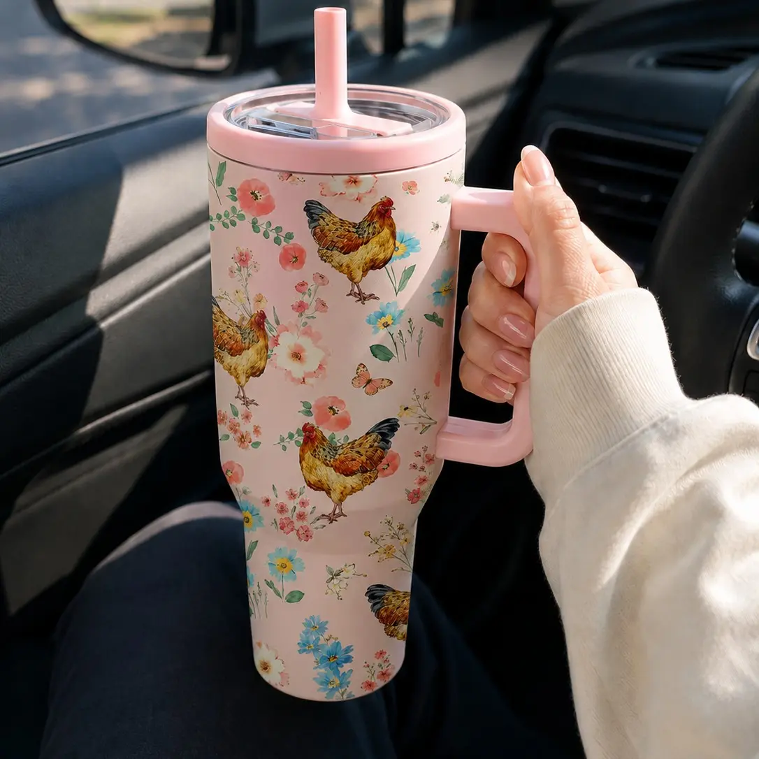 1PC 40oz /30oz Pink Floral Chicken Pattern Insulated Leakproof Double Walled Tumbler with Handle & Flip Straw Lid, Double Wall Vacuum Leak-Proof Travel Mug, Hot 12H Cold 24H, Large Capacity Cup for Men Women, Easter Birthday Farmhouse Gift