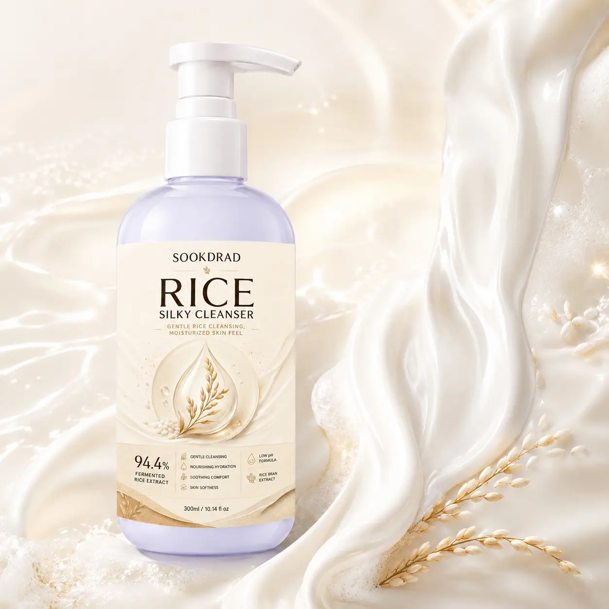 Rice Silky Cleanser, 94.4% fermented rice extract, rice bran extract, low pH formula, gentle cleansing, nourishing hydration, soothing comfort, skin softness, facial use, 300ml/10.14fl oz