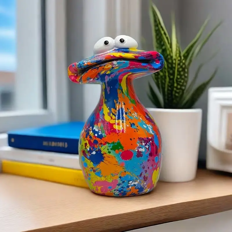 Dopamine Rainbow Splash Graffiti Duck Resin Statue, Cute Resin Figurine, Cartoon Big Mouth Duck Art Ornament, Glossy Finish Desk Decor, Fun Teen & Art Lover Decoration