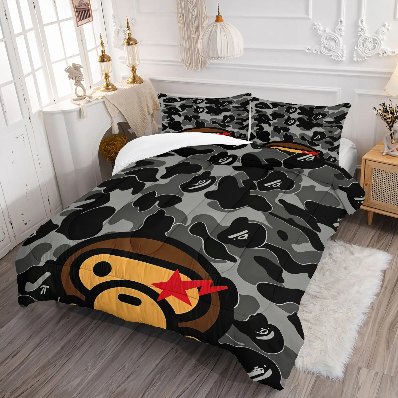 Classic Grey Black Camo Ape Character Comforter Set, Includes 1 Quilt and 1‑2 Pillowcases, Streetwear Camouflage Monkey Pattern Print, Gift for Kids, Teens and Adults, Street Fashion Gift for Hip‑hop Fans, Essential for Teen Boys Bedroom Decor