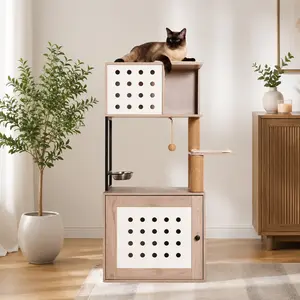 Littleox Cat Tree with Litter Box Enclosure, All-in-one Cat Tower for Indoor Cats with Large Hammock, Bed, Food Station, Scratching Posts, Modern Style Pet Furniture