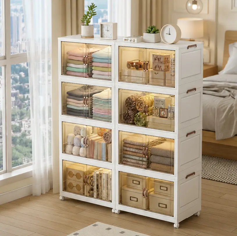 Space-Saving Foldable Plastic Storage Cabinet, Clear Flip Doors, Multiple Tiers Available, Easy-Move Lockable Wheels, Stackable Organizer for Dorm Apartment Kitchen Bedroom