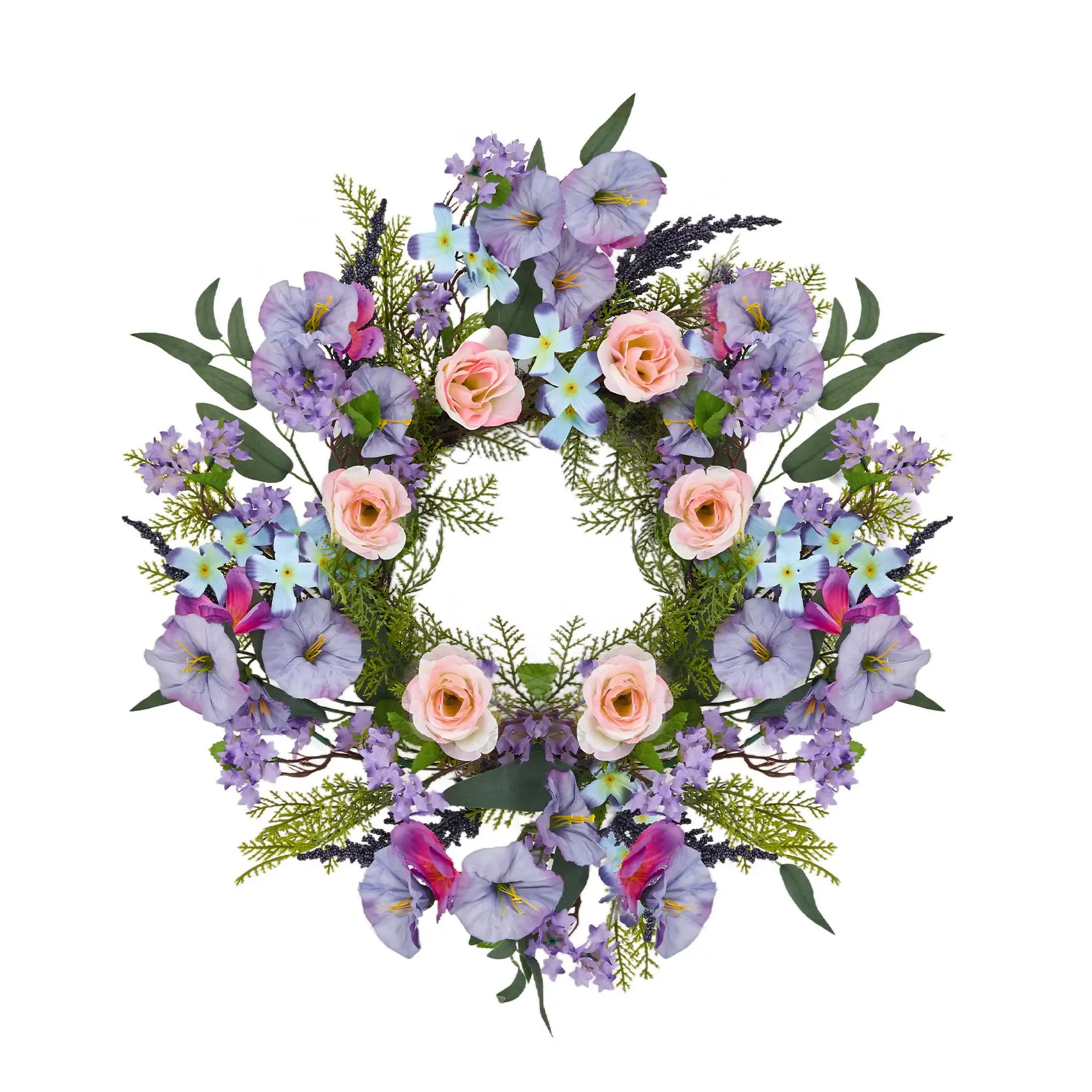 20" Spring Summer Wreath for Front Door, Purple & Pink Artificial Trumpet Rose Wreath, Farmhouse Faux Floral Wreath for Home Holiday Wedding Decor