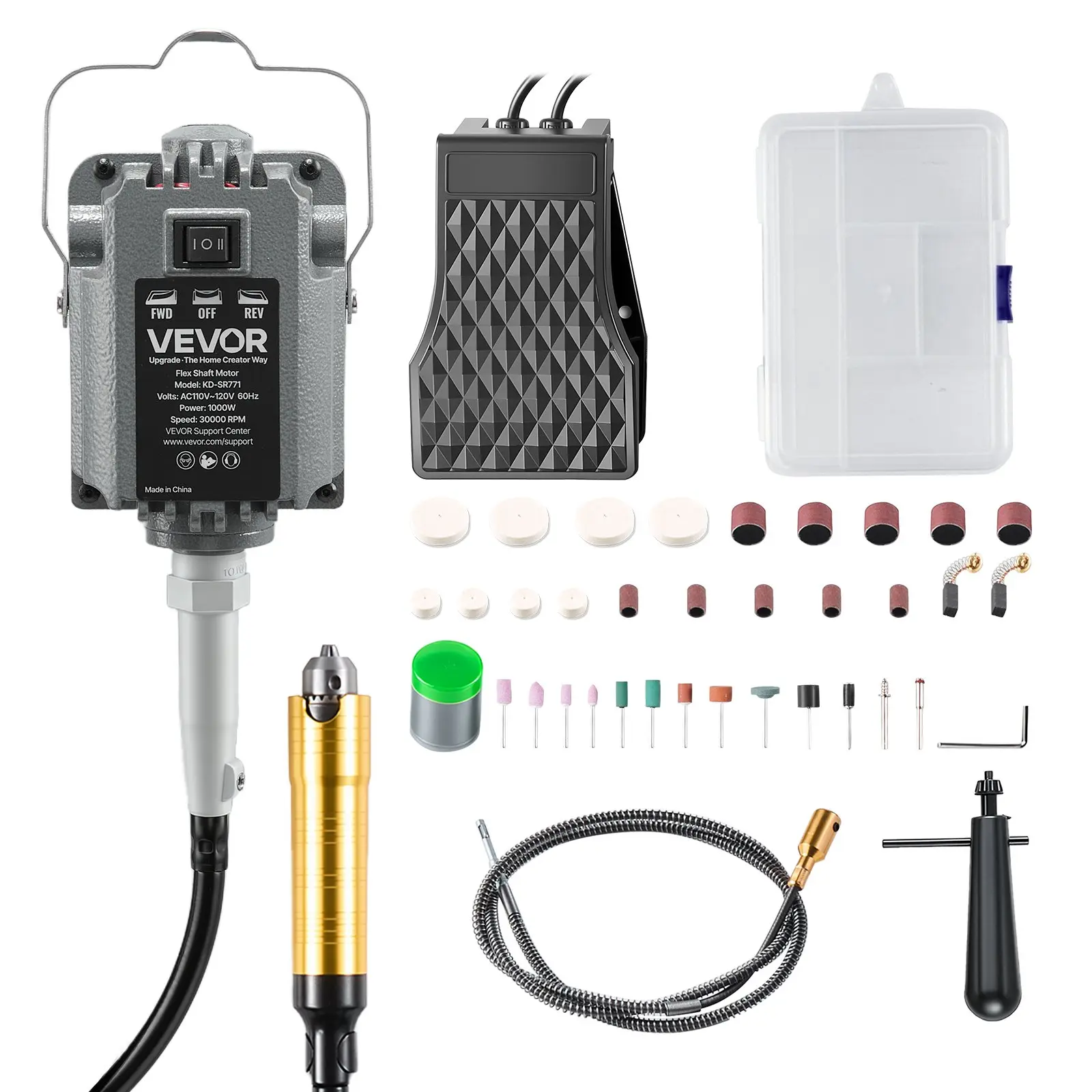 【DealsForYouDays】VEVOR Flex Shaft Grinder, 1000W 30000RPM Electric Flex Shaft Rotary Tool, Foot-Pedal Control Hanging Carver Grinder with 74PCS Accessory Kit for Sanding Buffing Polishing Cutting