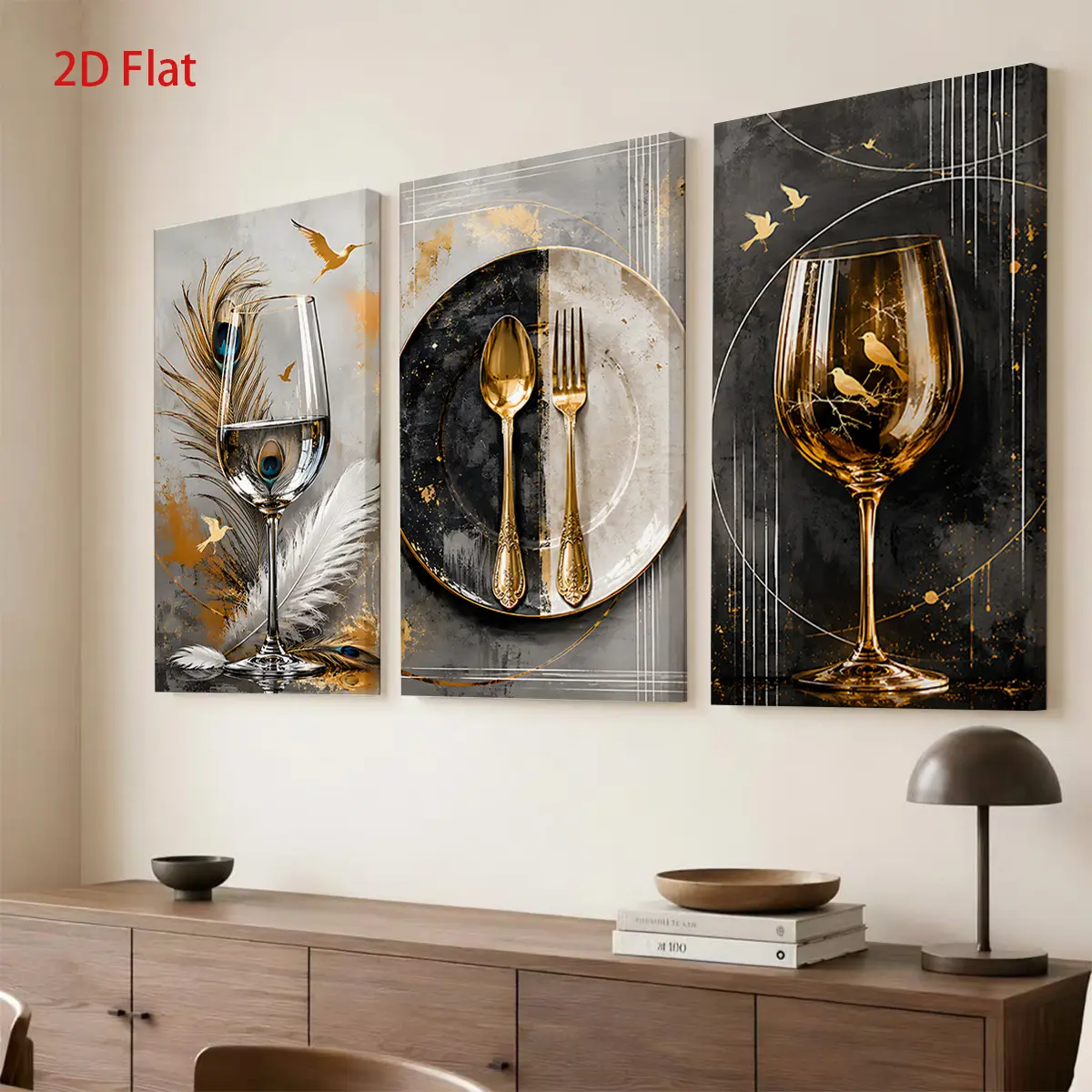 3-piece 2D canvas set featuring wine glasses, tableware, peacock feathers, and birds in gold and gray tones. Themed canvas wall art suitable for bedroom, living room, bathroom, bedroom decoration, interior wall art, room decoration, and perfect for room d