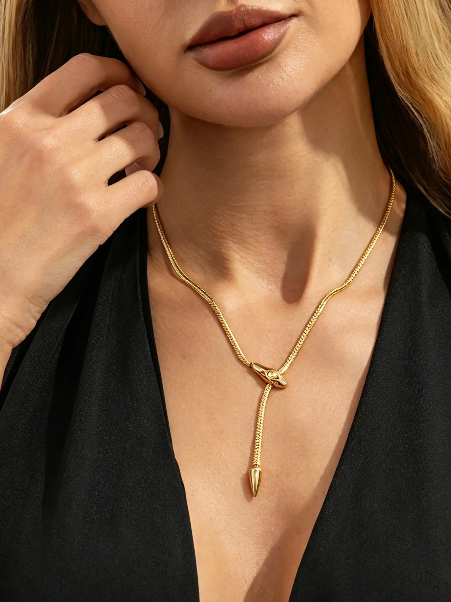 Gold snake lariat necklace for women, polished stainless steel snake pendant with tiny crystal, adjustable slide Y-drop design, sleek snake snake chain, eye-catching minimalist jewelry for party, club and daily outfits, elegant trendy gift for ladies