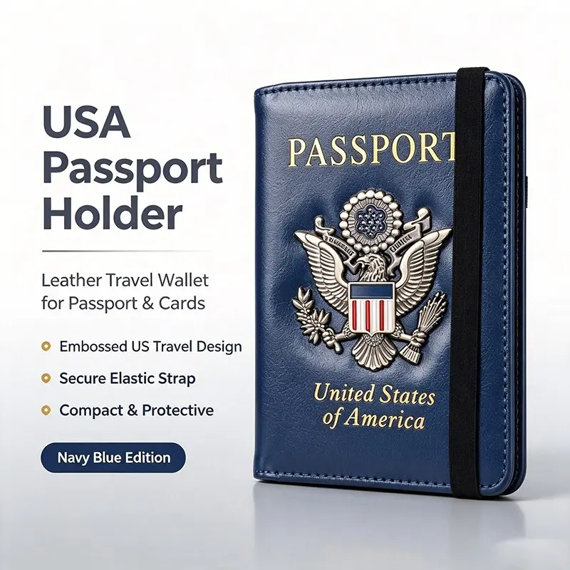 RFID Blocking Passport Holder for Women Men, Leather Passport Travel Wallet with Metal 3D Metal Badge, Travel Document Holder Cover Accessories (Dark Blue)