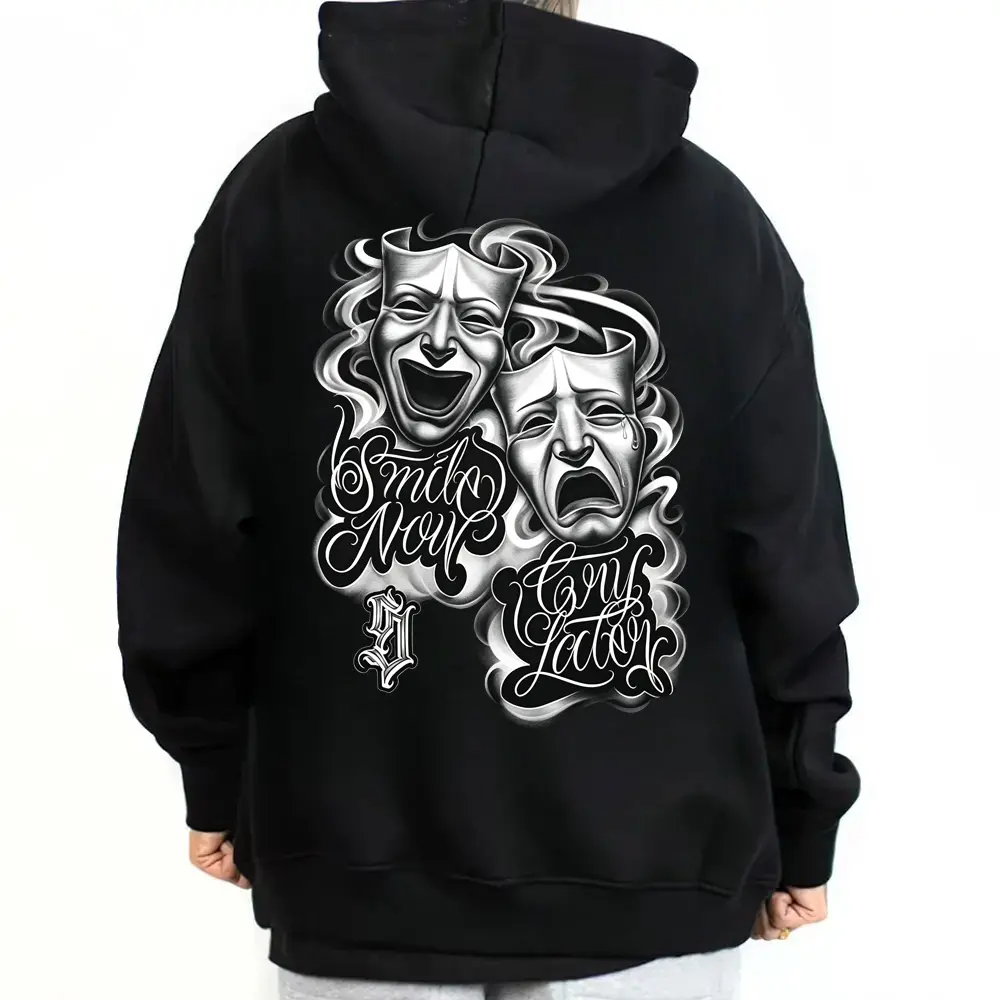 💧 ⛓️ Men's Smile Now Cry Later Graphic Hoodie, Casual Chicano Streetwear Style,   Menswear,  Top