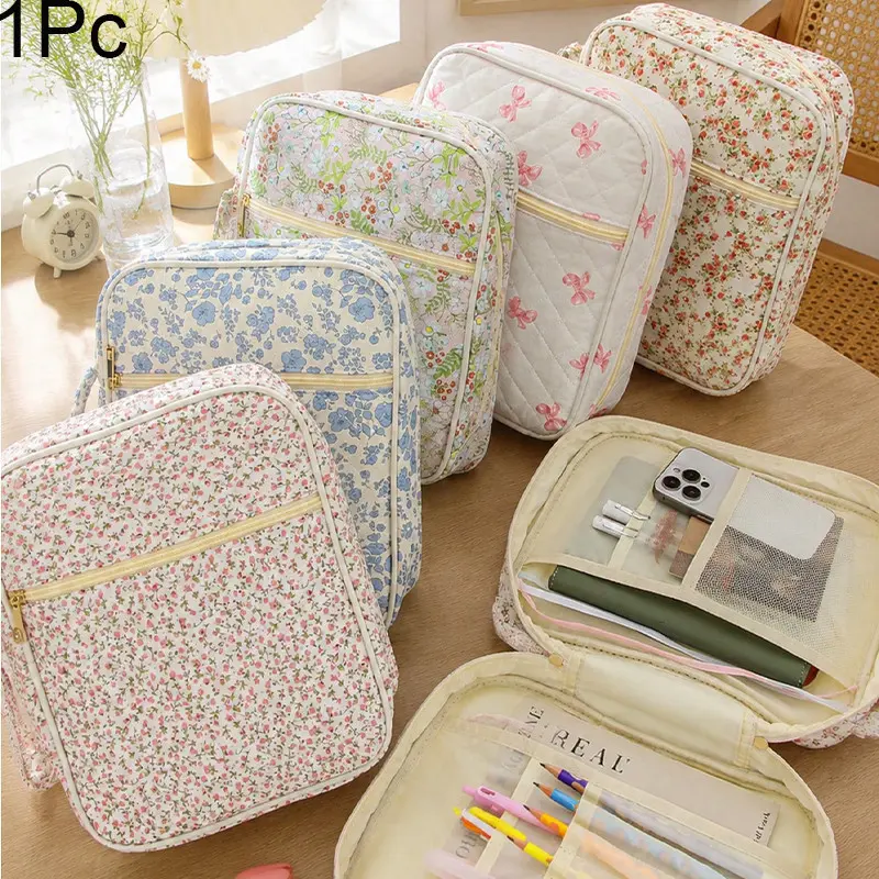 1PC Ditsy Floral Print Stationery Organizer Bag Foam Quilted Bible Protector Case Large Capacity Stationery Pouch Multi-Layer Storage Handbag Dust-Proof Book Cover Portable Makeup Case Travel Essential Multi-use Organizer Bag For Pencil, Eyeglass, Book