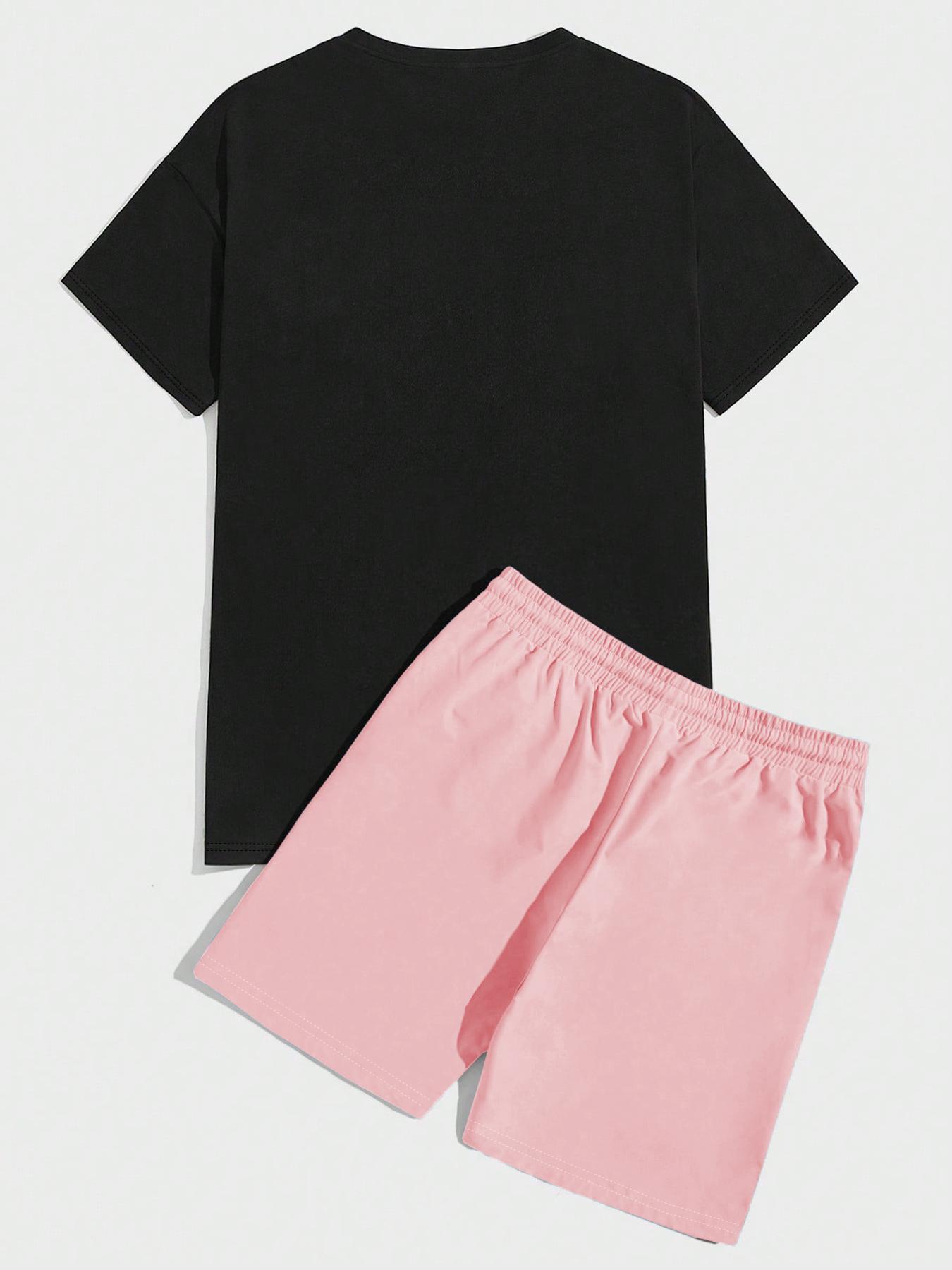 Two-piece Set Men's Bear Print Short Sleeve Tee & Shorts, Regular Fit Casual Round Neck T-shirt & Shorts, Men's Summer Clothes for Daily Wear, Loungewear, Shorts Pajama Set