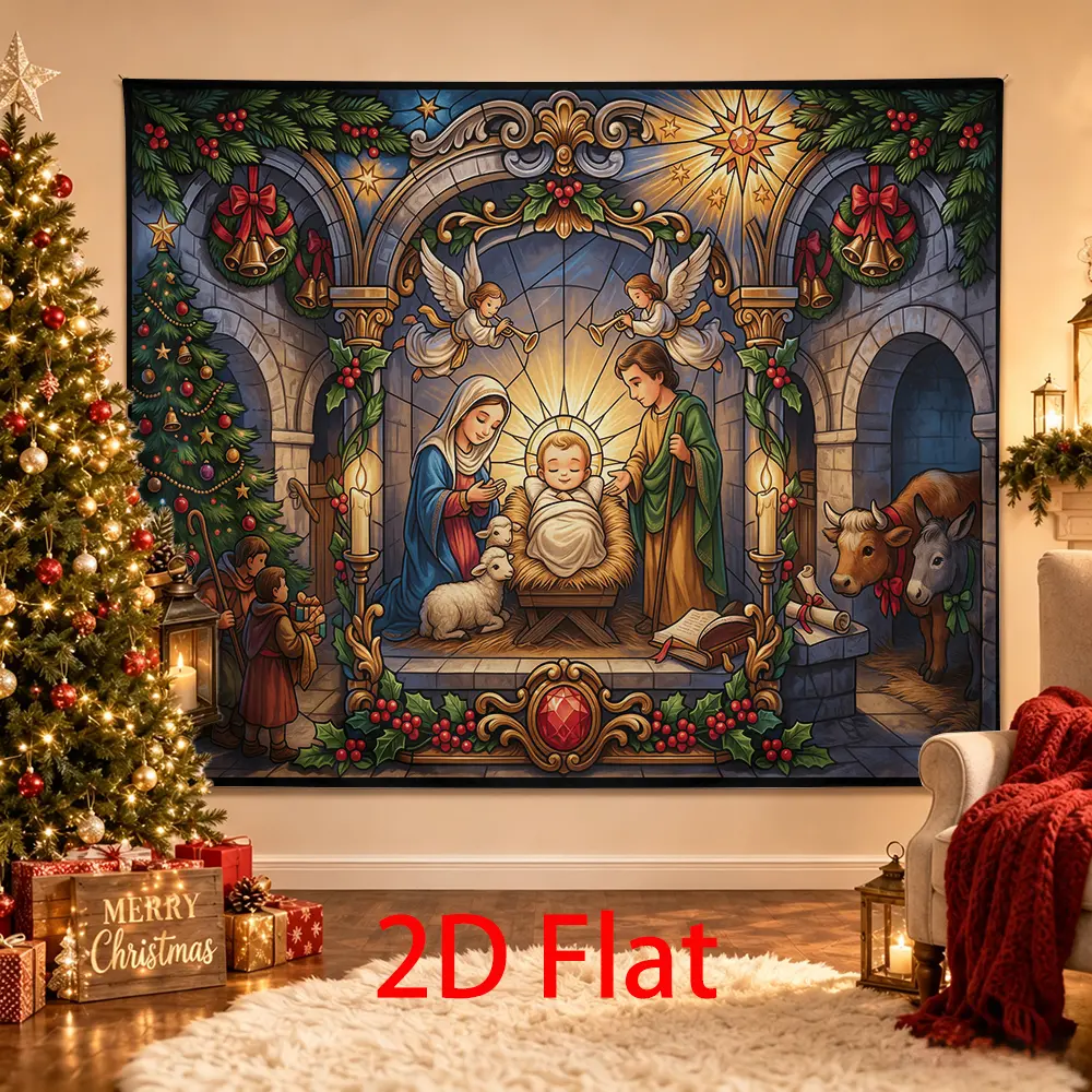 Elegant Christmas Nativity Backdrop, Church Manger Photography Background with Angels, Bethlehem Star, Christmas Tree, Animals and Candles