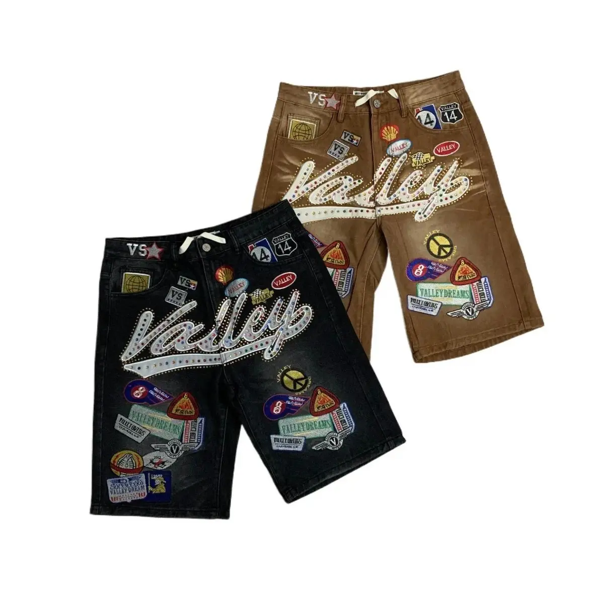 VALLEY Dreams Rhinestone Patchwork Denim Shorts for Men, Y2K Hip Hop Baggy Loose Knee-Length Embroidered Patch Streetwear Shorts, Summer Casual Festival Baggy Jorts