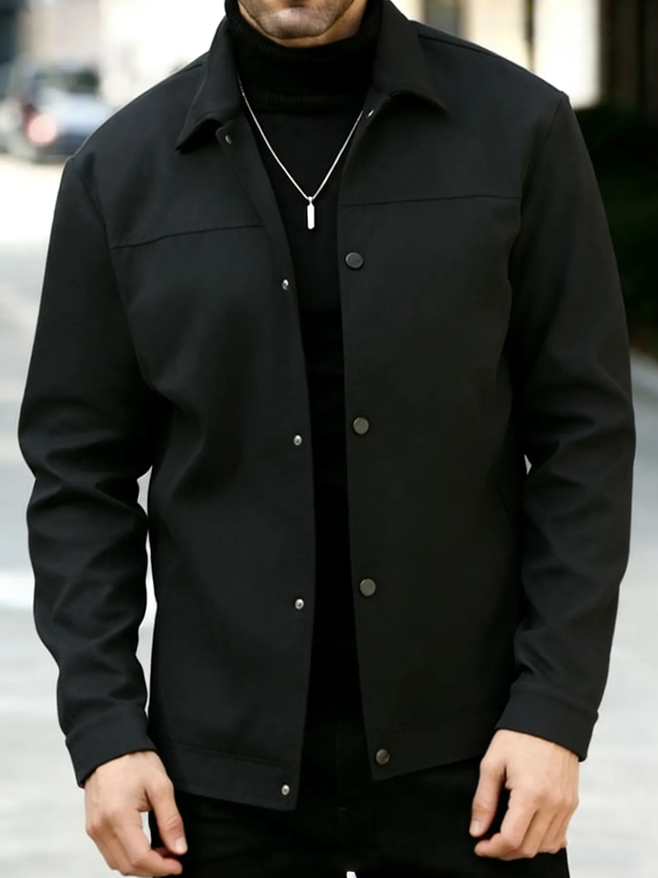 Men's Simple Solid Color Classic Jacket, Button Front with Snap Closure, Lapel Design, Spring Fall Casual Coat, 100% Polyester
