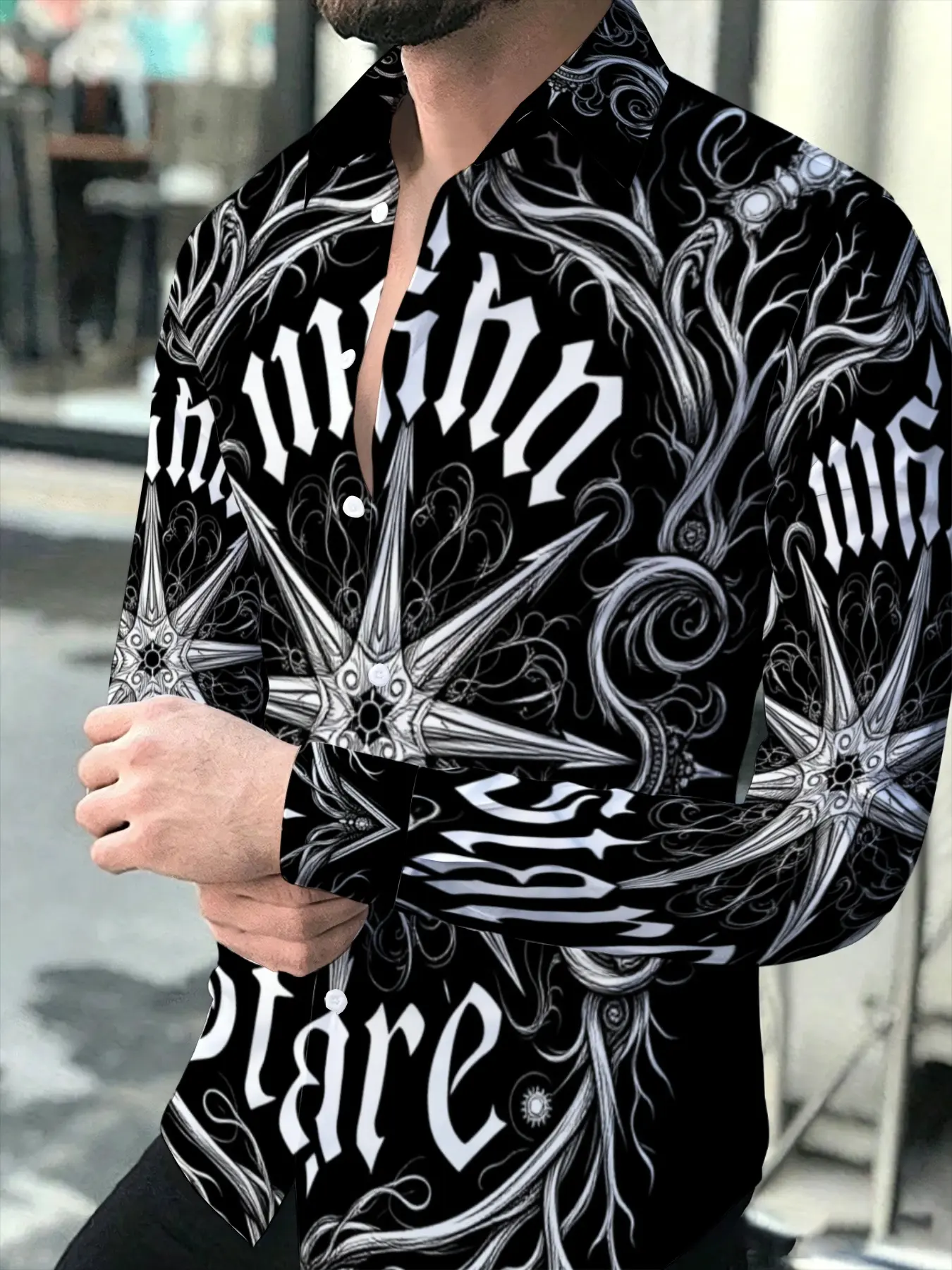 Men's Long Sleeve Shirt Fashion Personality Black And White Tree Branch Pattern Print Casual Loose Plus Size Top Spring Autumn New Stylish Versatile, Suitable for leisure and sports scenarios