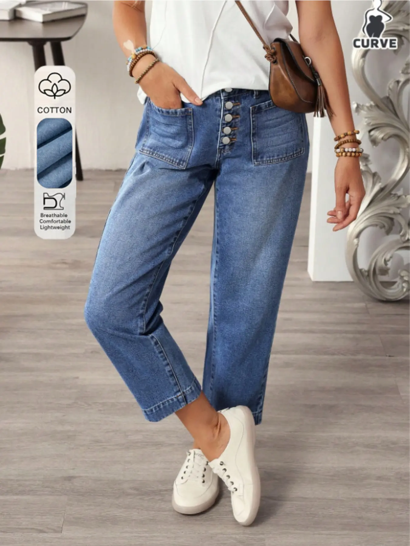 Women's Plus Size High Waist Bucket Pants with Pockets, Light Denim Jeans with Button Fly, Loose-Fitting Ankle-Length Casual Wear, All Seasons Fashion