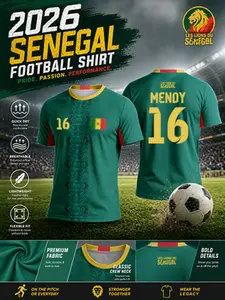 2026 Senegal Home Soccer Jersey, Deep Vertical Tribal Print, Trim, Quick-Dry Breathable Lightweight Fitted Mesh